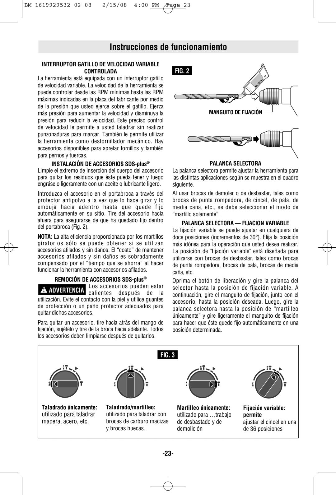 Bosch Power Tools 11236VS manual Instrucciones de funcionamiento, Controlada, Palanca Selectora 