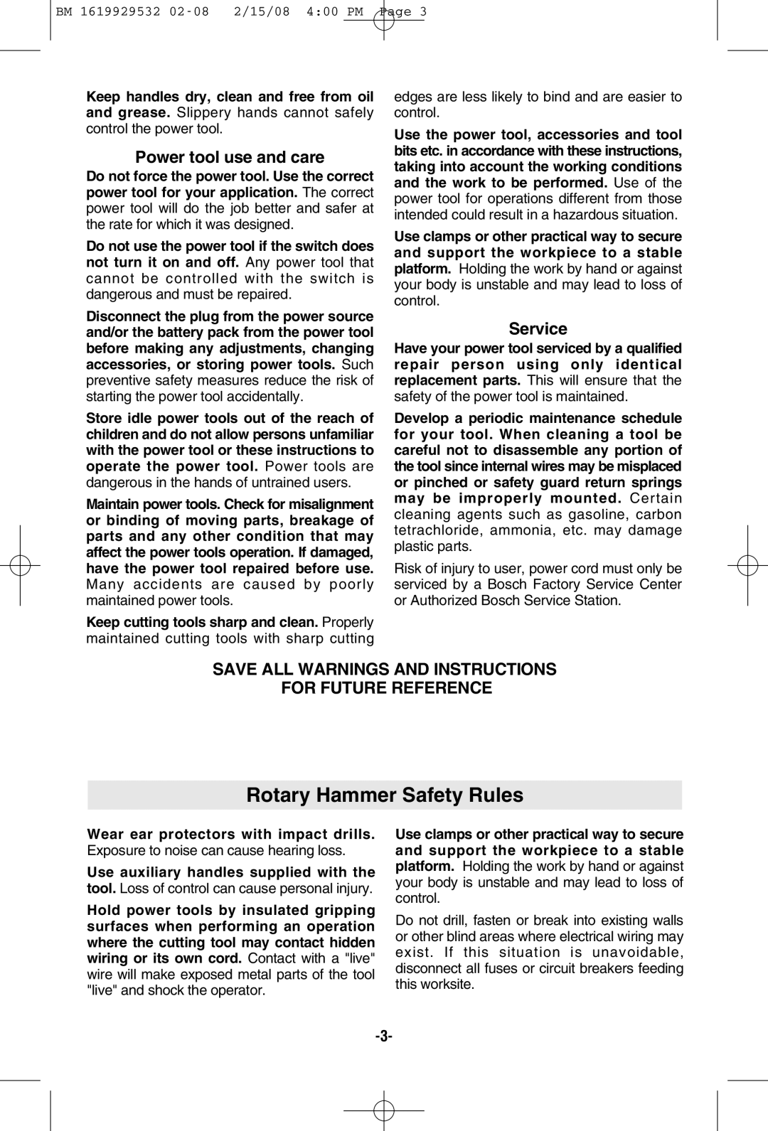 Bosch Power Tools 11236VS manual Rotary Hammer Safety Rules, Power tool use and care, Service 