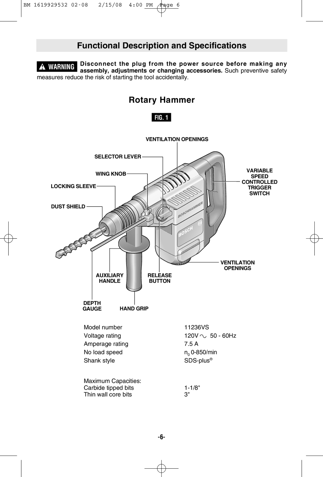 Bosch Power Tools 11236VS manual Functional Description and Specifications, Rotary Hammer 