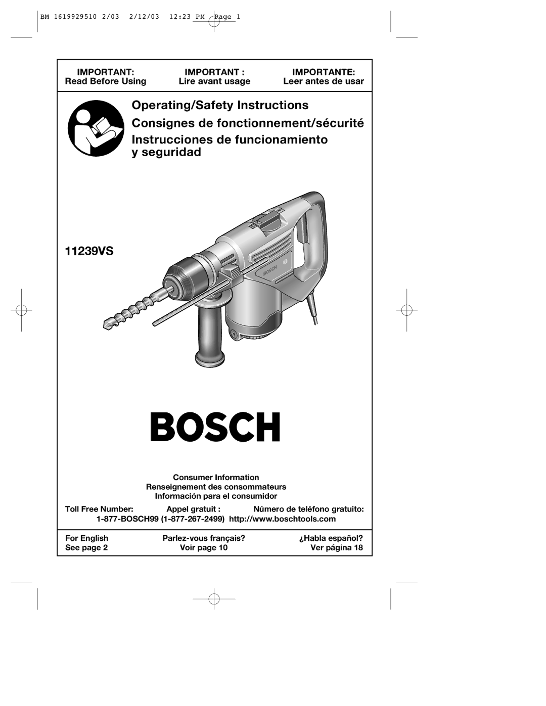 Bosch Power Tools 11239VS manual Operating/Safety Instructions 