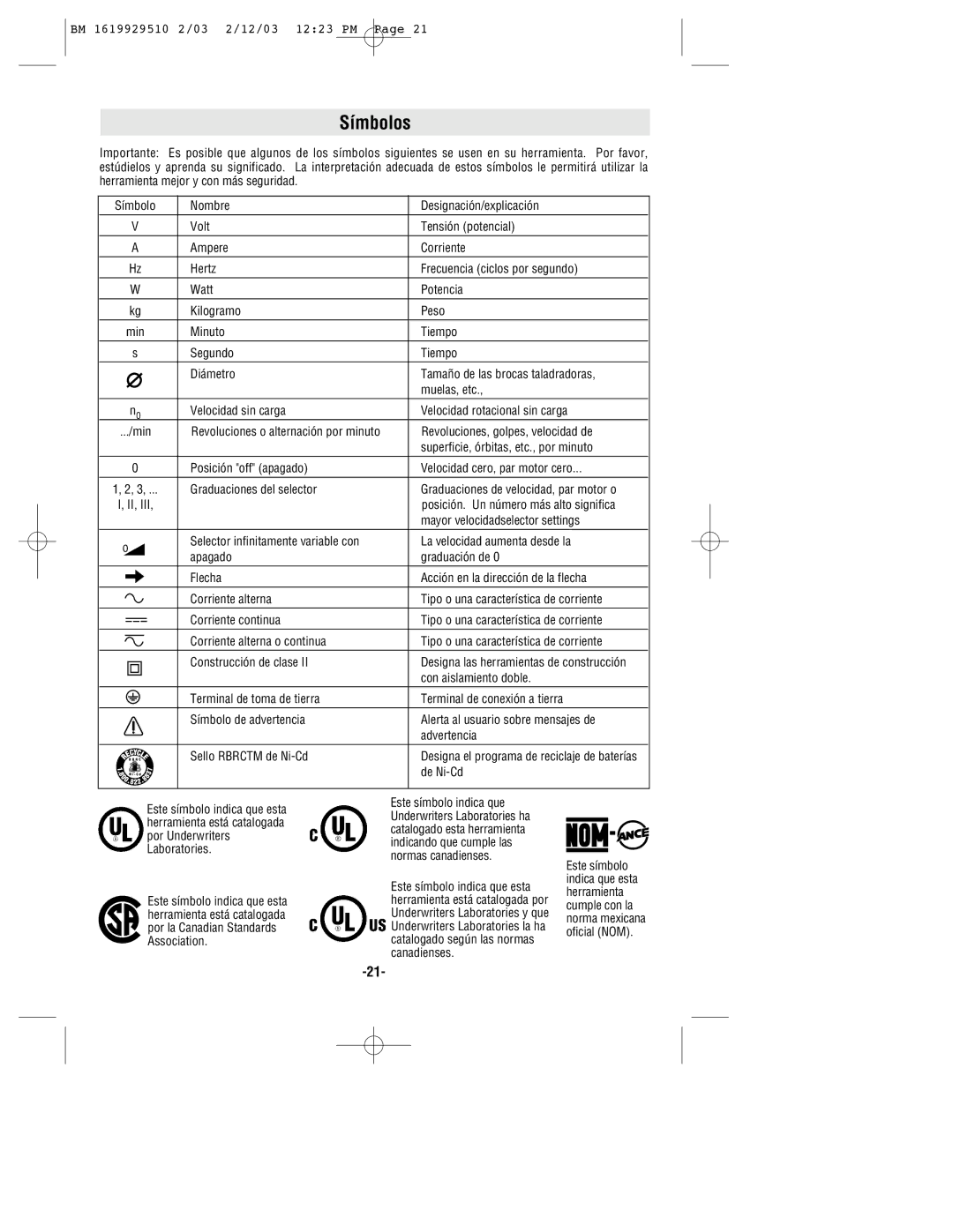 Bosch Power Tools 11239VS manual Símbolos, De Ni-Cd 