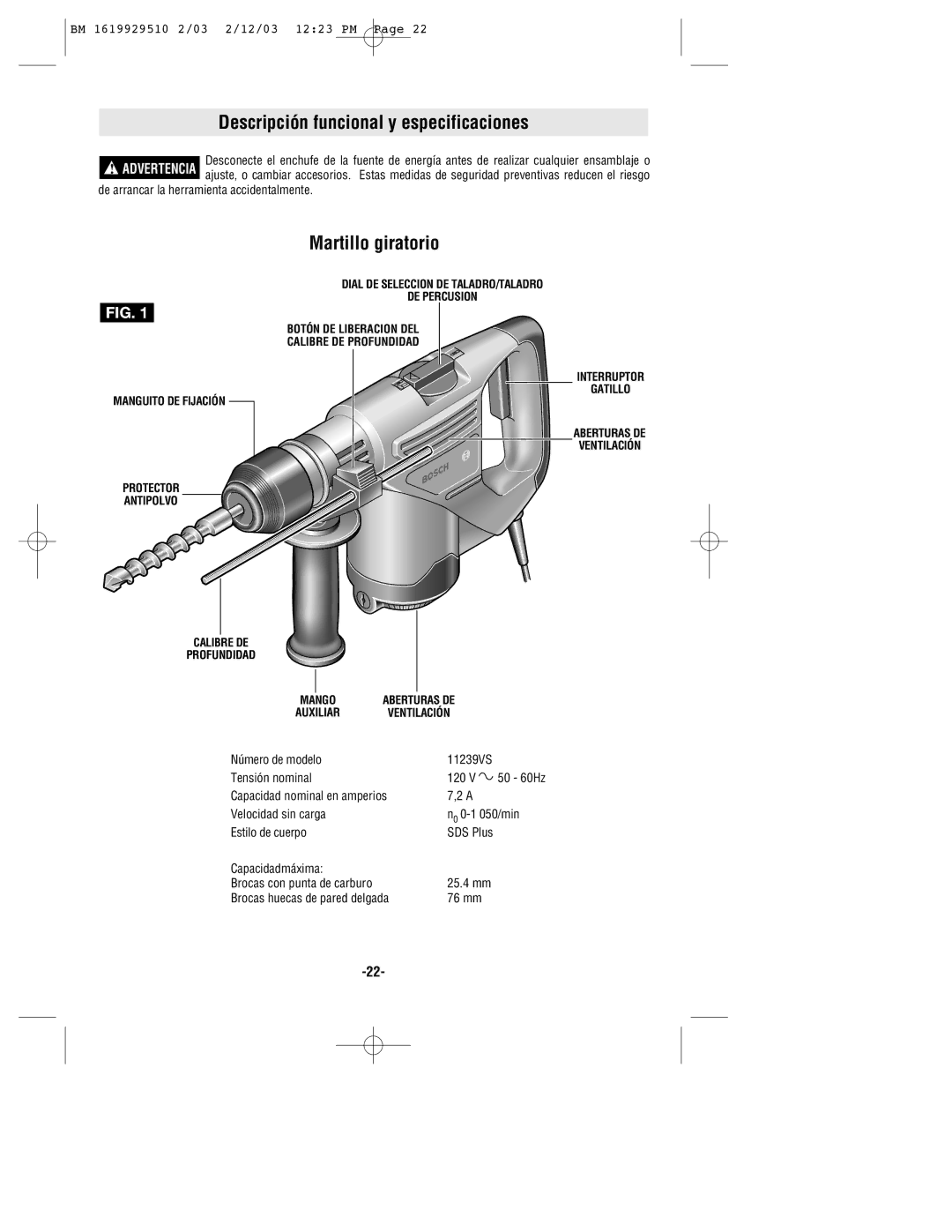 Bosch Power Tools 11239VS manual Descripción funcional y especificaciones, Martillo giratorio 