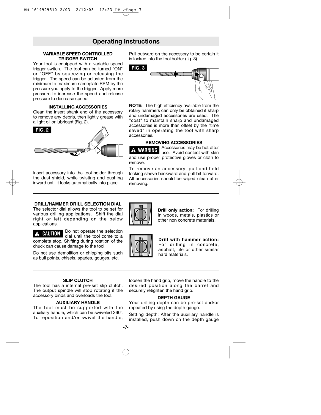 Bosch Power Tools 11239VS manual Operating Instructions, Variable Speed Controlled Trigger Switch 