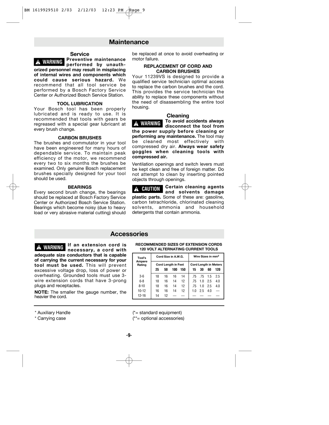 Bosch Power Tools 11239VS manual Maintenance, Accessories 