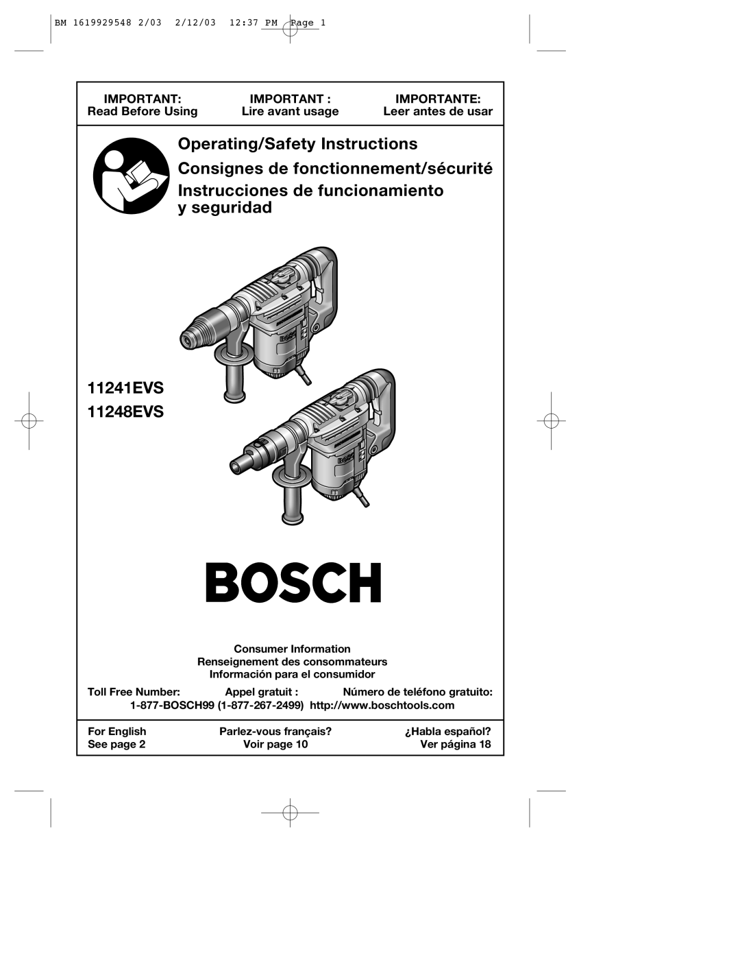 Bosch Power Tools 11248EVS, 11241EVS manual Operating/Safety Instructions 