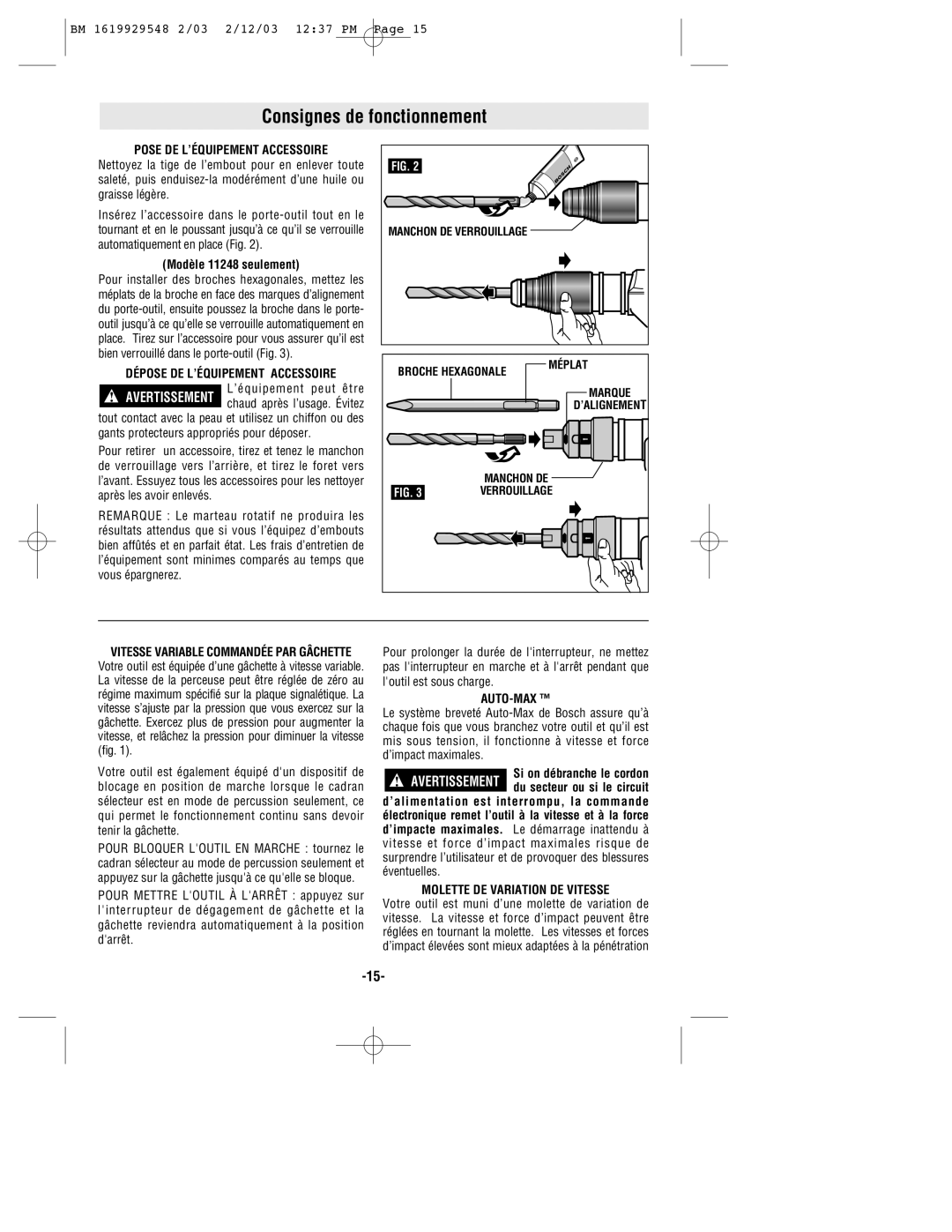 Bosch Power Tools 11248EVS, 11241EVS manual Consignes de fonctionnement, Pose DE L’ÉQUIPEMENT Accessoire, Auto-Max 