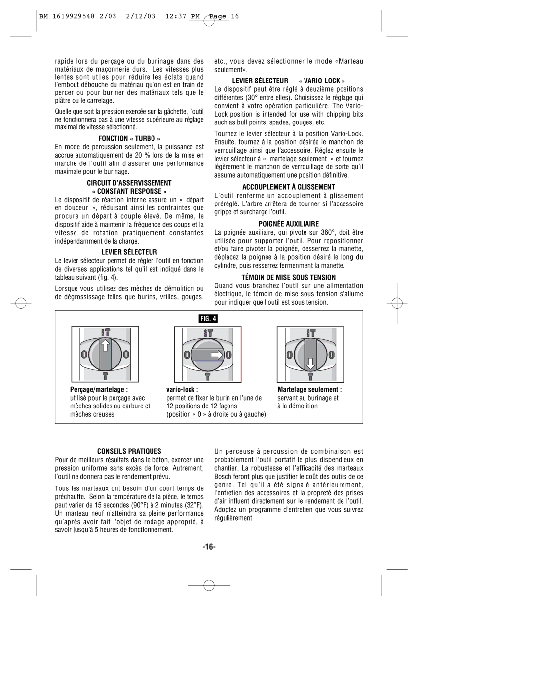 Bosch Power Tools 11241EVS, 11248EVS Fonction « Turbo », Circuit D’ASSERVISSEMENT « Constant Response », Levier Sélecteur 