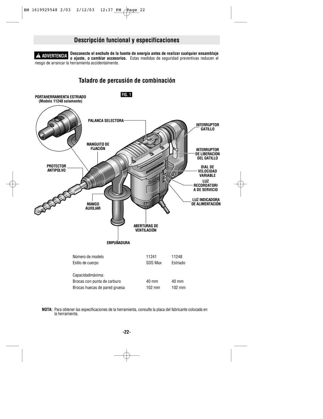 Bosch Power Tools 11241EVS, 11248EVS manual Descripción funcional y especificaciones, Taladro de percusión de combinación 