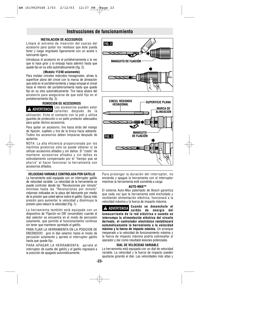 Bosch Power Tools 11248EVS, 11241EVS Instrucciones de funcionamiento, Instalacion DE Accesorios, Remocion DE Accesorios 