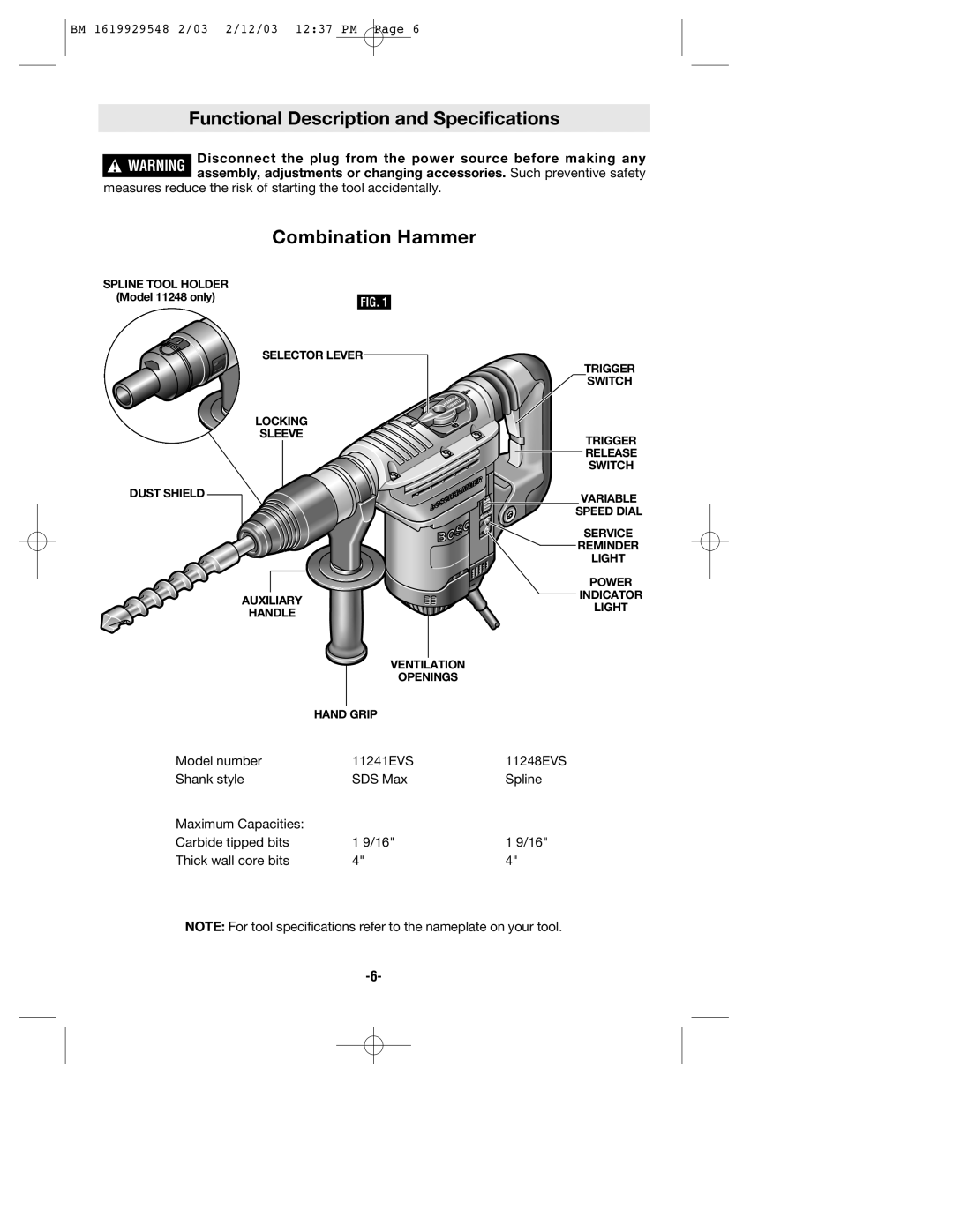 Bosch Power Tools 11241EVS, 11248EVS manual Functional Description and Specifications, Combination Hammer 