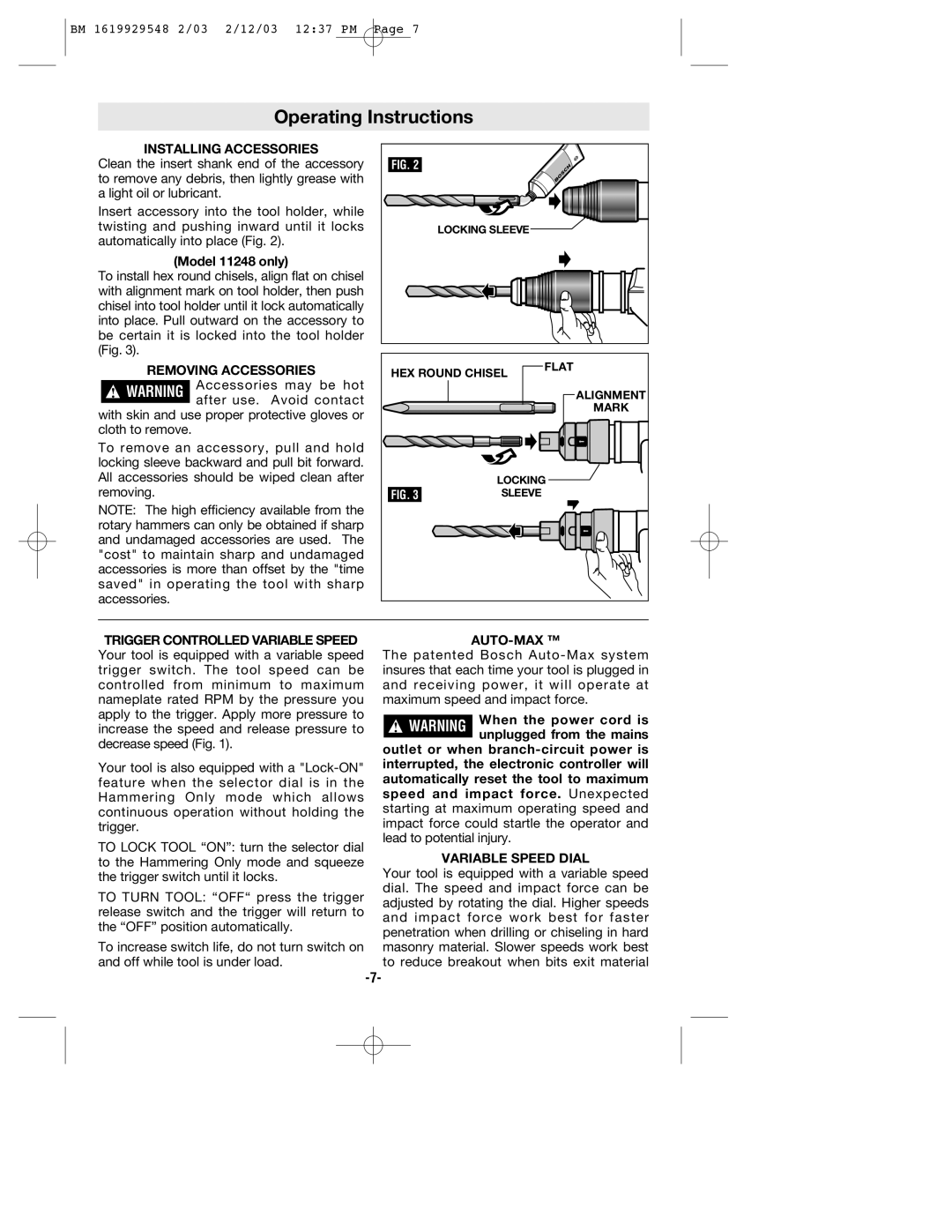 Bosch Power Tools 11248EVS, 11241EVS manual Operating Instructions, Installing Accessories 