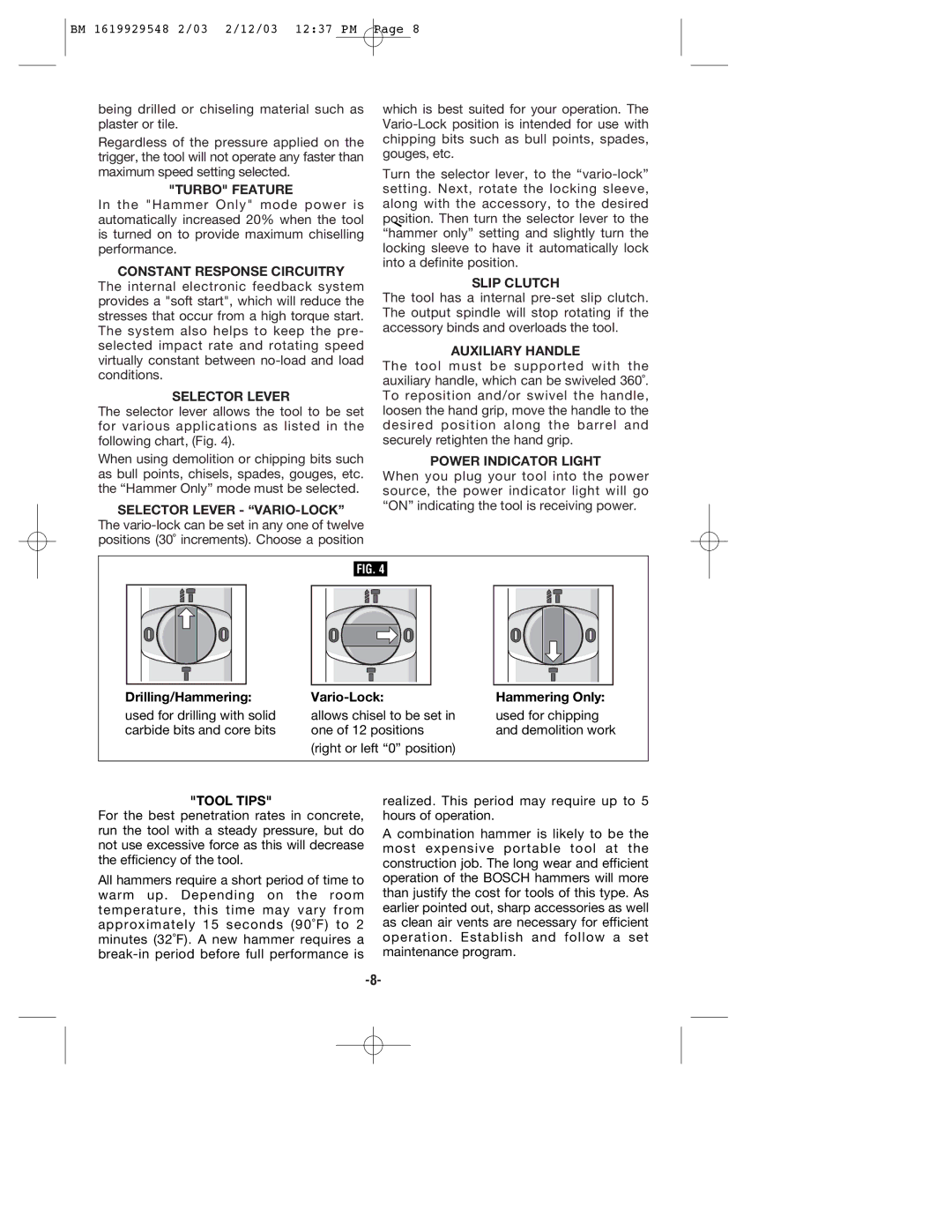 Bosch Power Tools 11241EVS, 11248EVS manual Turbo Feature 