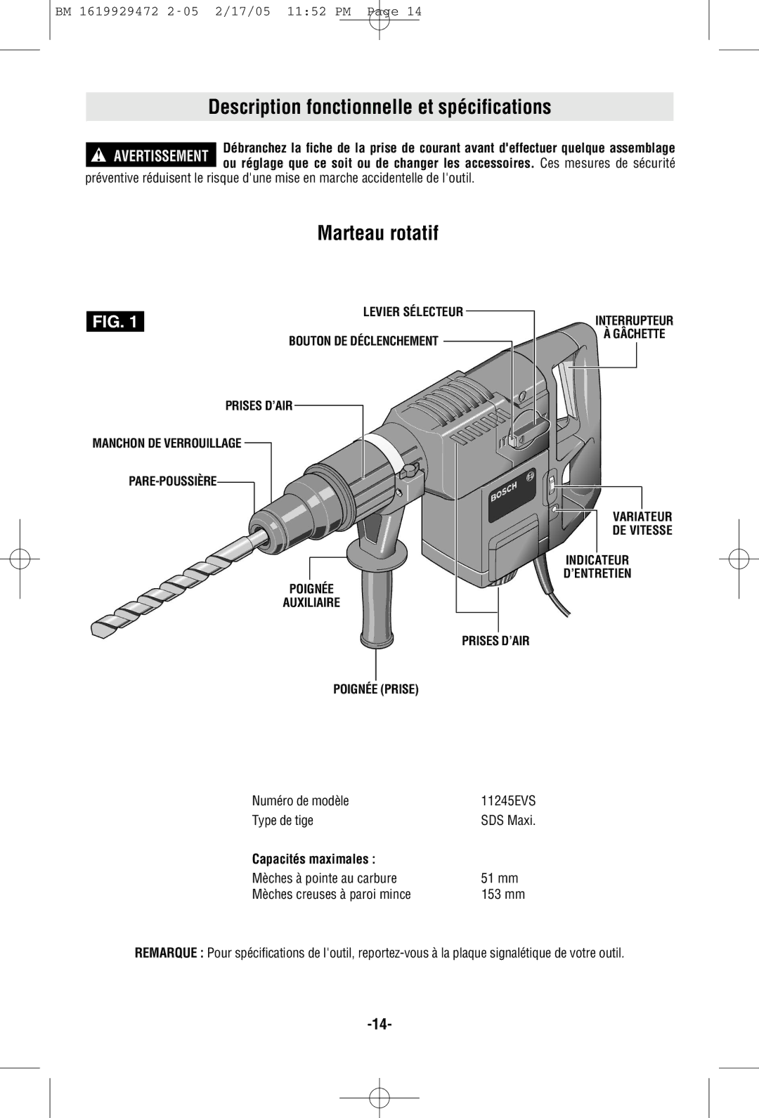 Bosch Power Tools 11245EVS manual Description fonctionnelle et spécifications, Marteau rotatif, Capacités maximales 