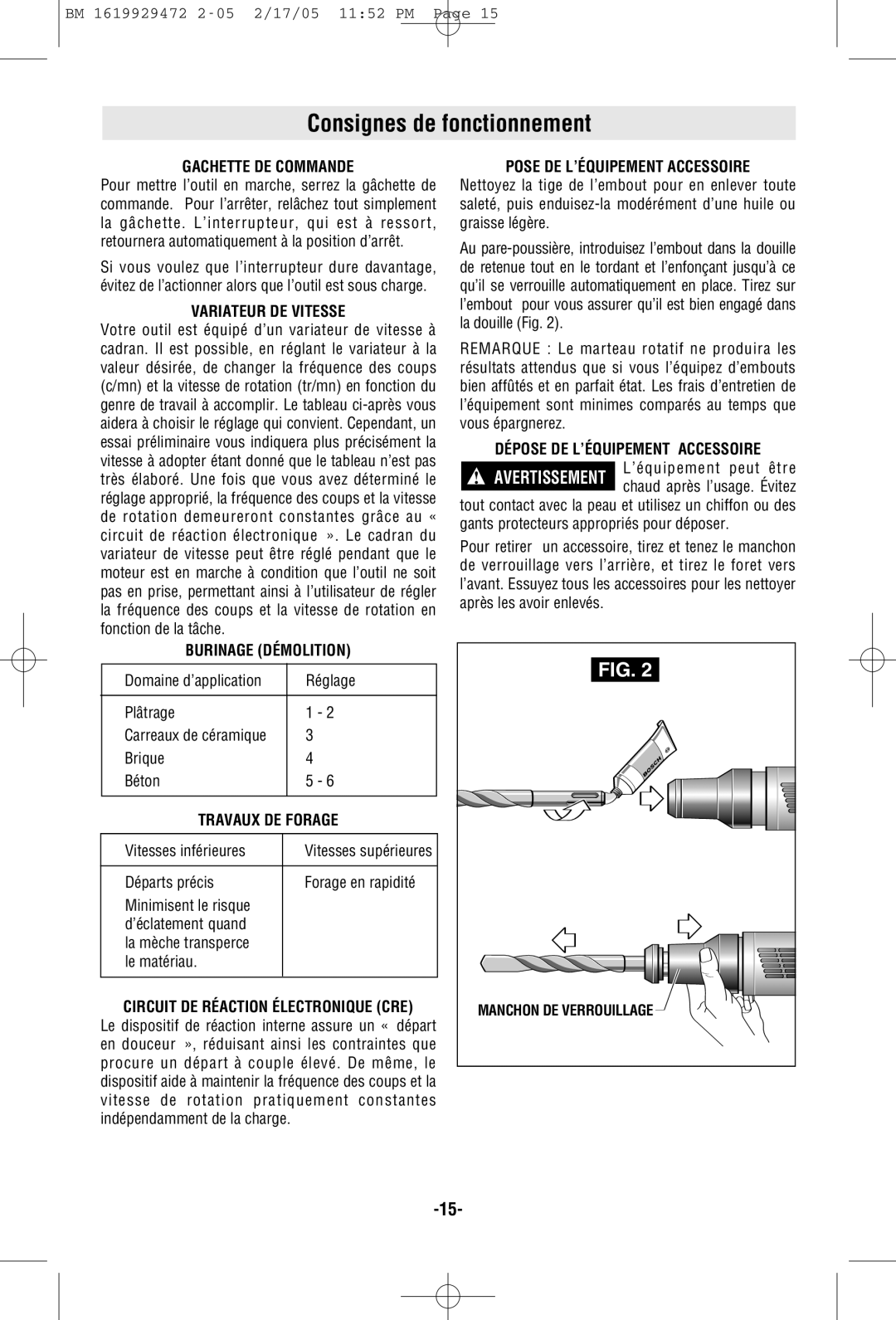 Bosch Power Tools 11245EVS manual Consignes de fonctionnement 