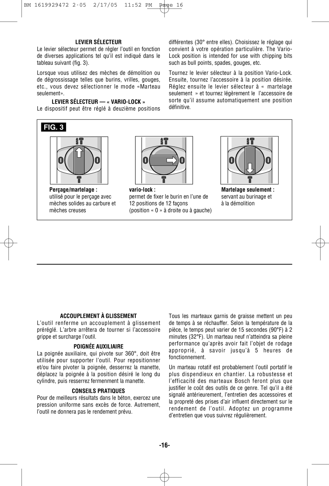 Bosch Power Tools 11245EVS manual Levier Sélecteur « VARIO-LOCK », Accouplement À Glissement, Poignée Auxiliaire 