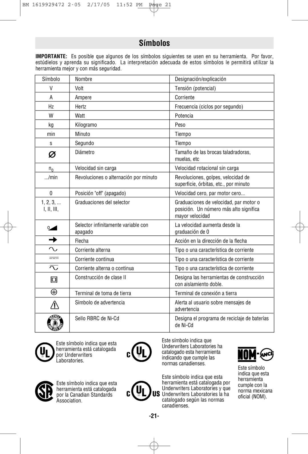 Bosch Power Tools 11245EVS manual Símbolos, De Ni-Cd 