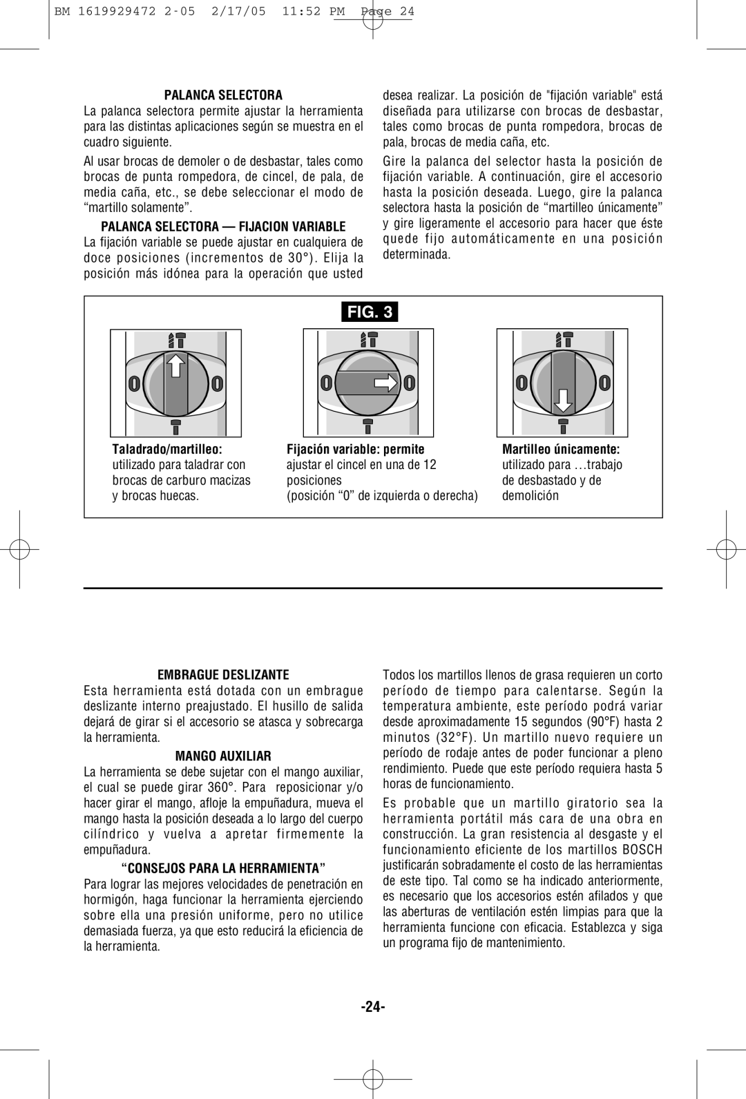 Bosch Power Tools 11245EVS manual Palanca Selectora, Taladrado/martilleo Fijación variable permite, Embrague Deslizante 