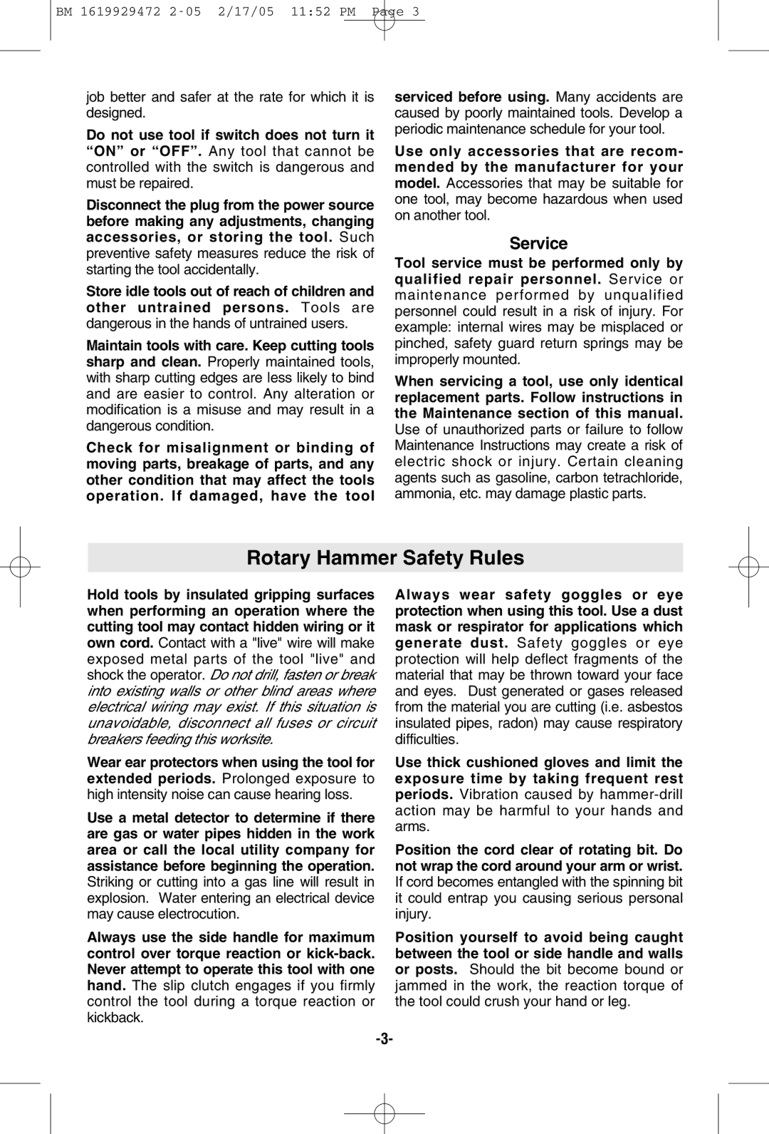 Bosch Power Tools 11245EVS manual Rotary Hammer Safety Rules, Service 