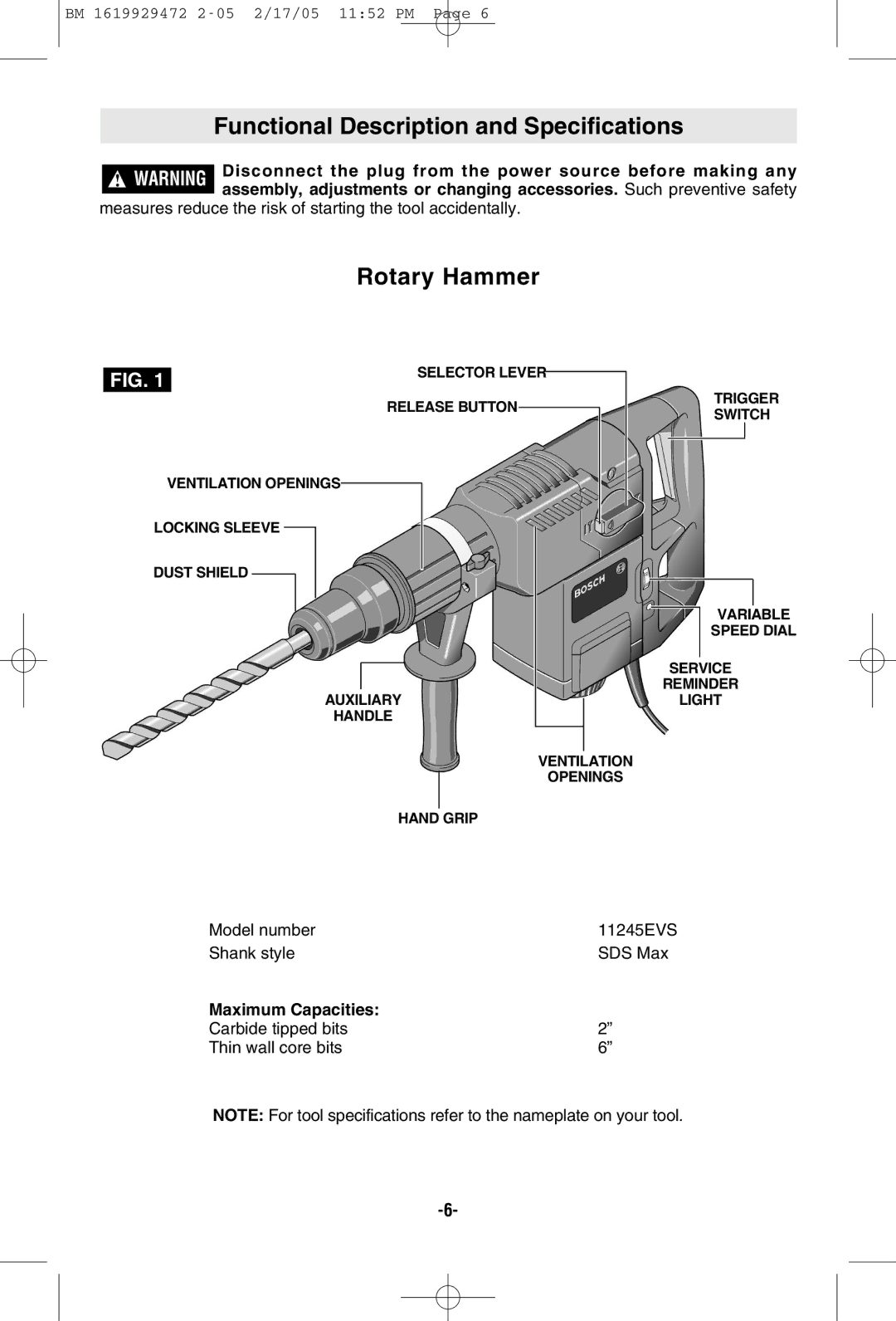 Bosch Power Tools 11245EVS manual Functional Description and Specifications, Rotary Hammer, Maximum Capacities 