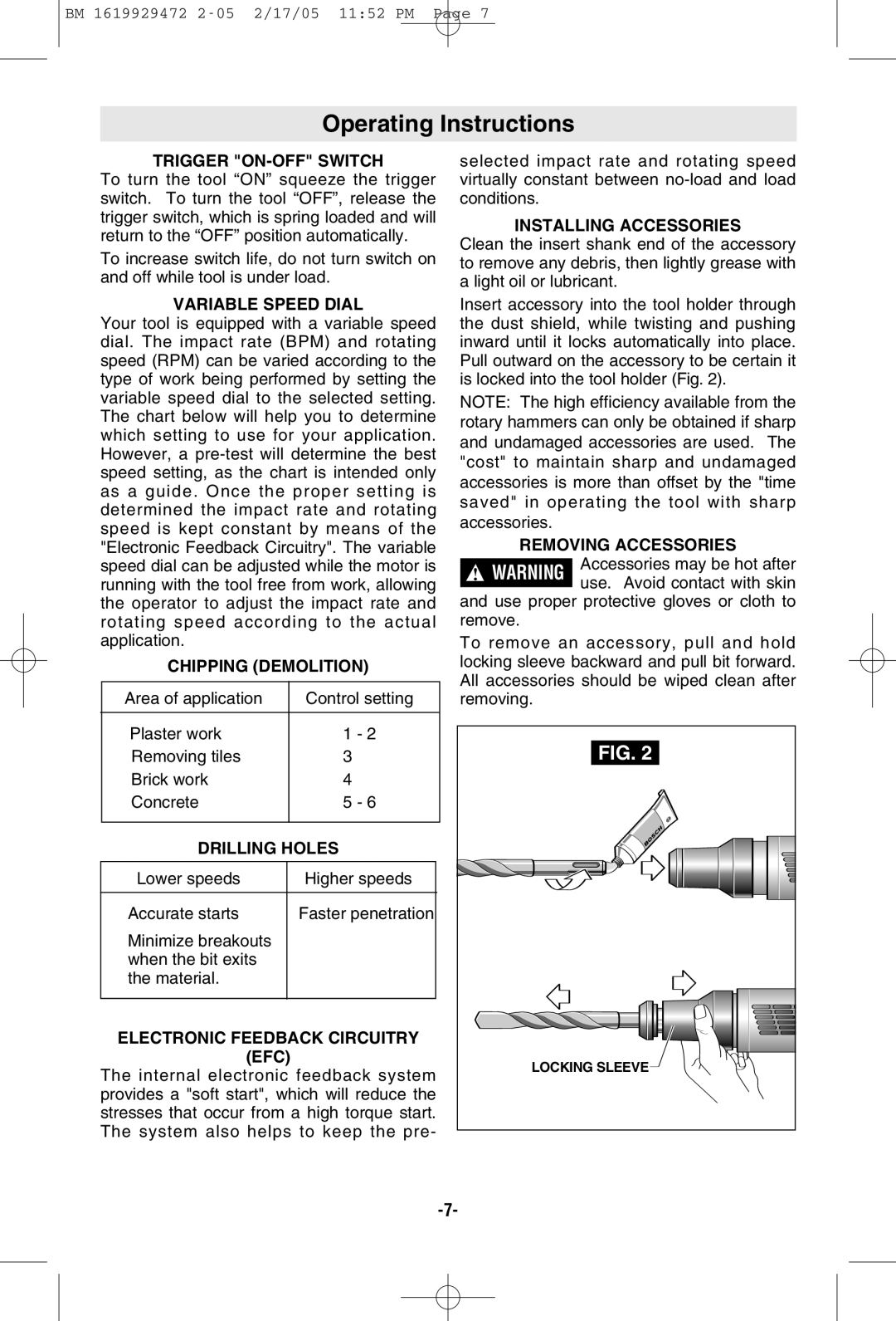 Bosch Power Tools 11245EVS manual Operating Instructions 