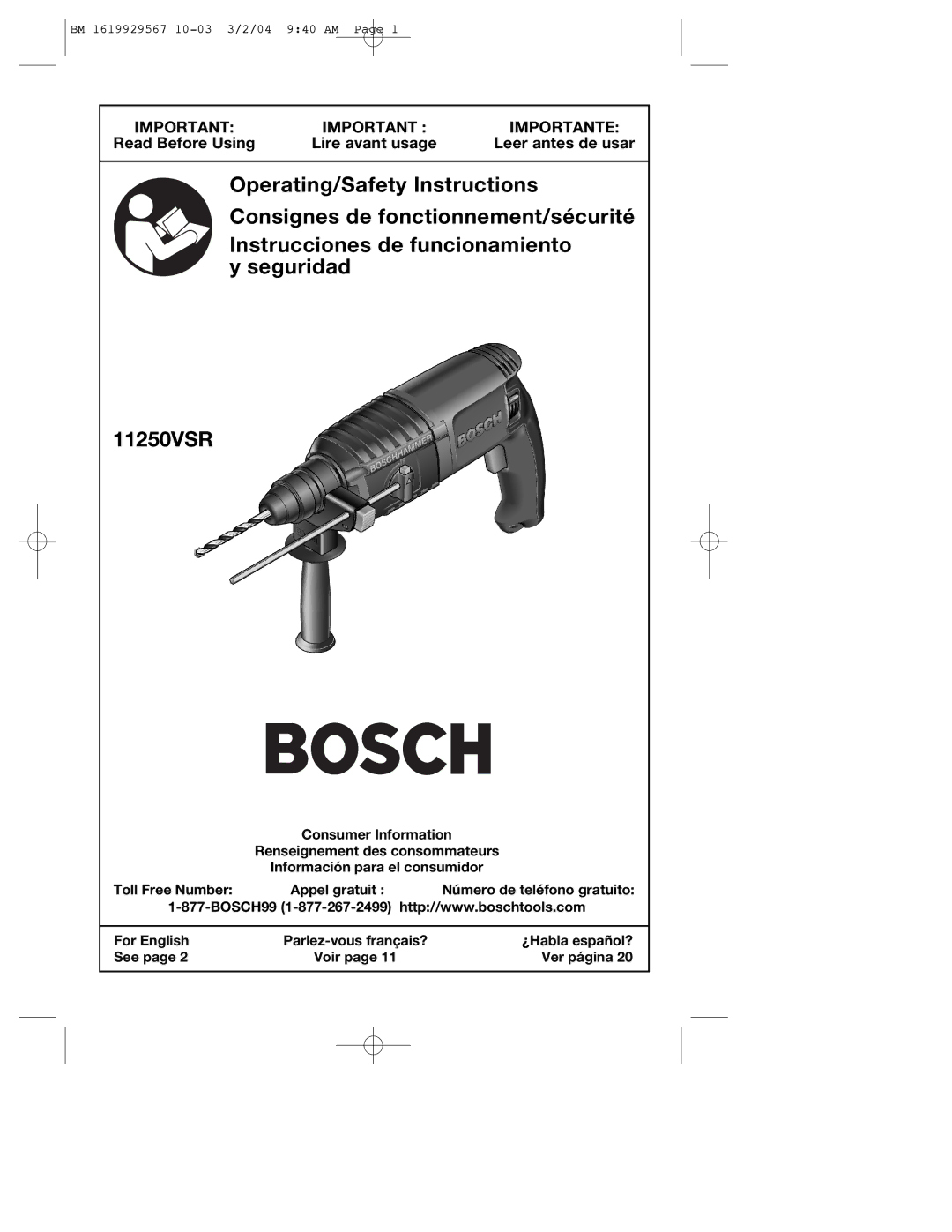 Bosch Power Tools 11250VSRD manual Importante 