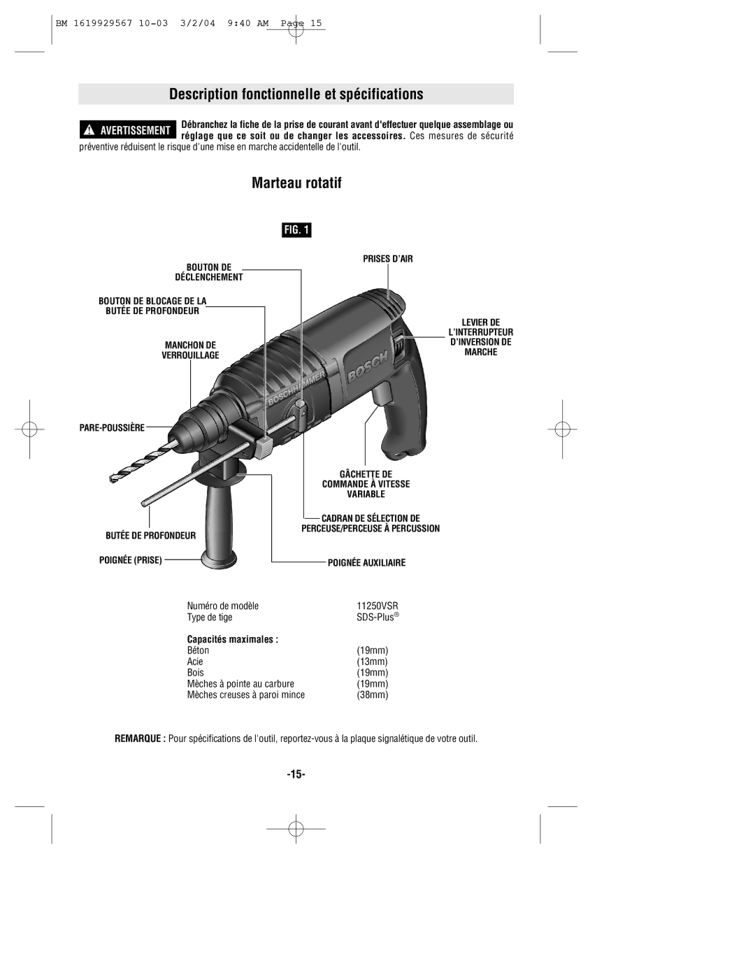 Bosch Power Tools 11250VSRD manual Description fonctionnelle et spécifications, Marteau rotatif, Capacités maximales 