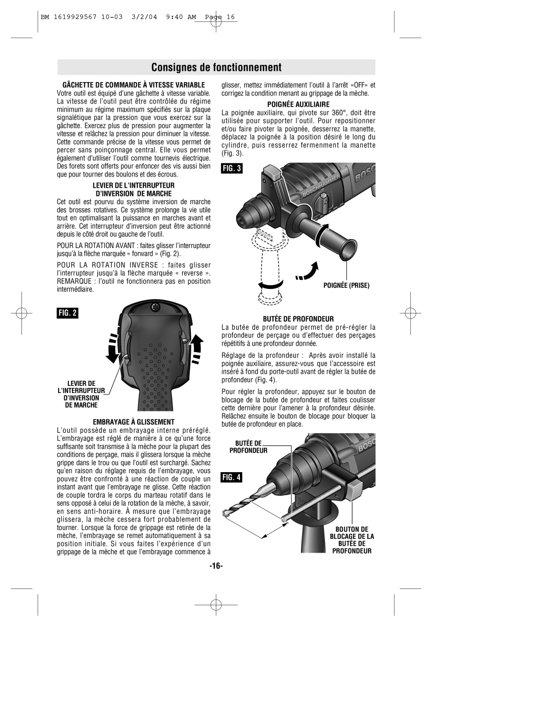 Bosch Power Tools 11250VSRD Consignes de fonctionnement, Levier DE L’INTERRUPTEUR ’INVERSION DE Marche, Poignée Auxiliaire 