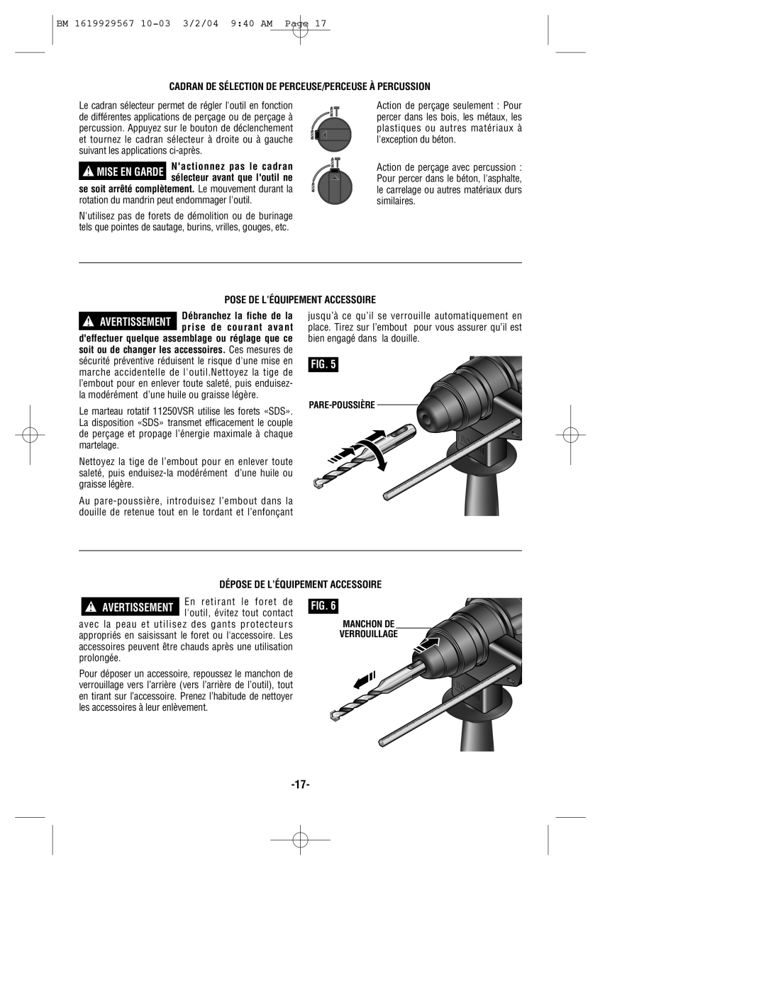 Bosch Power Tools 11250VSR manual Cadran DE Sélection DE PERCEUSE/PERCEUSE À Percussion, Pose DE L’ÉQUIPEMENT Accessoire 