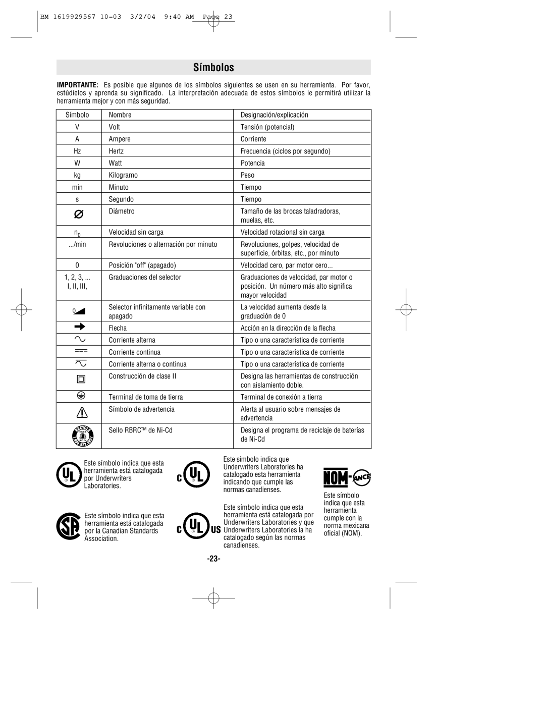 Bosch Power Tools 11250VSRD manual Símbolos, De Ni-Cd 