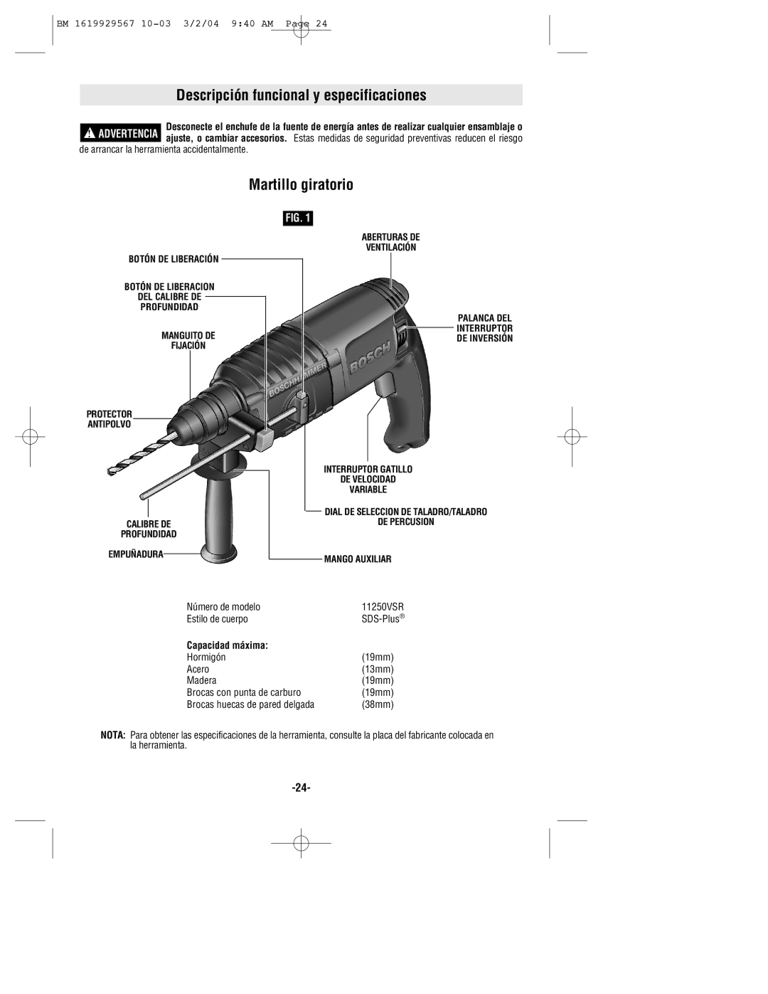 Bosch Power Tools 11250VSRD manual Descripción funcional y especificaciones, Martillo giratorio, Capacidad máxima 