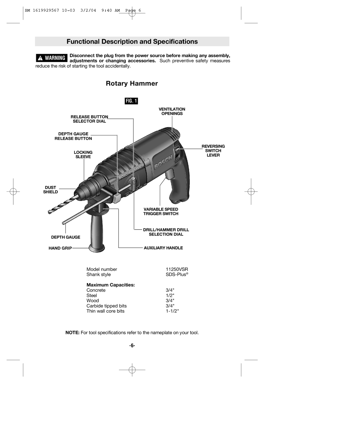 Bosch Power Tools 11250VSRD manual Functional Description and Specifications, Rotary Hammer 