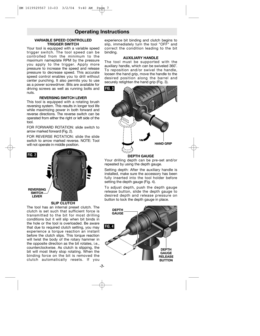 Bosch Power Tools 11250VSRD manual Operating Instructions, Variable Speed Controlled Trigger Switch 