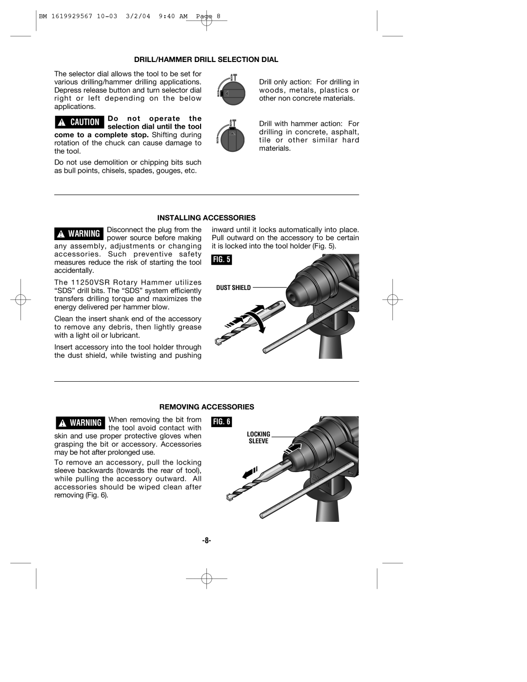 Bosch Power Tools 11250VSRD manual DRILL/HAMMER Drill Selection Dial 