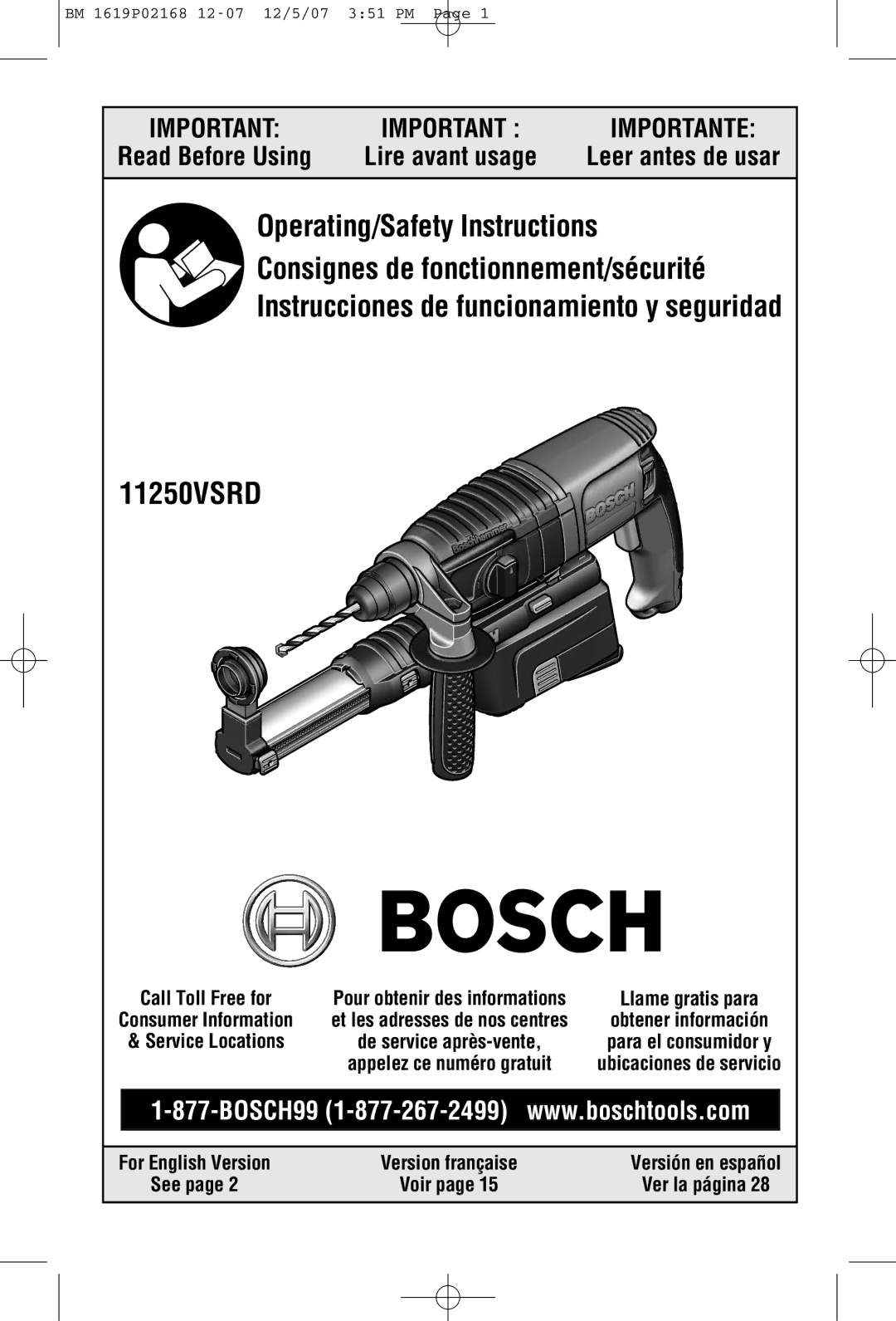 Bosch Power Tools 11250VSRD manual Read Before Using 