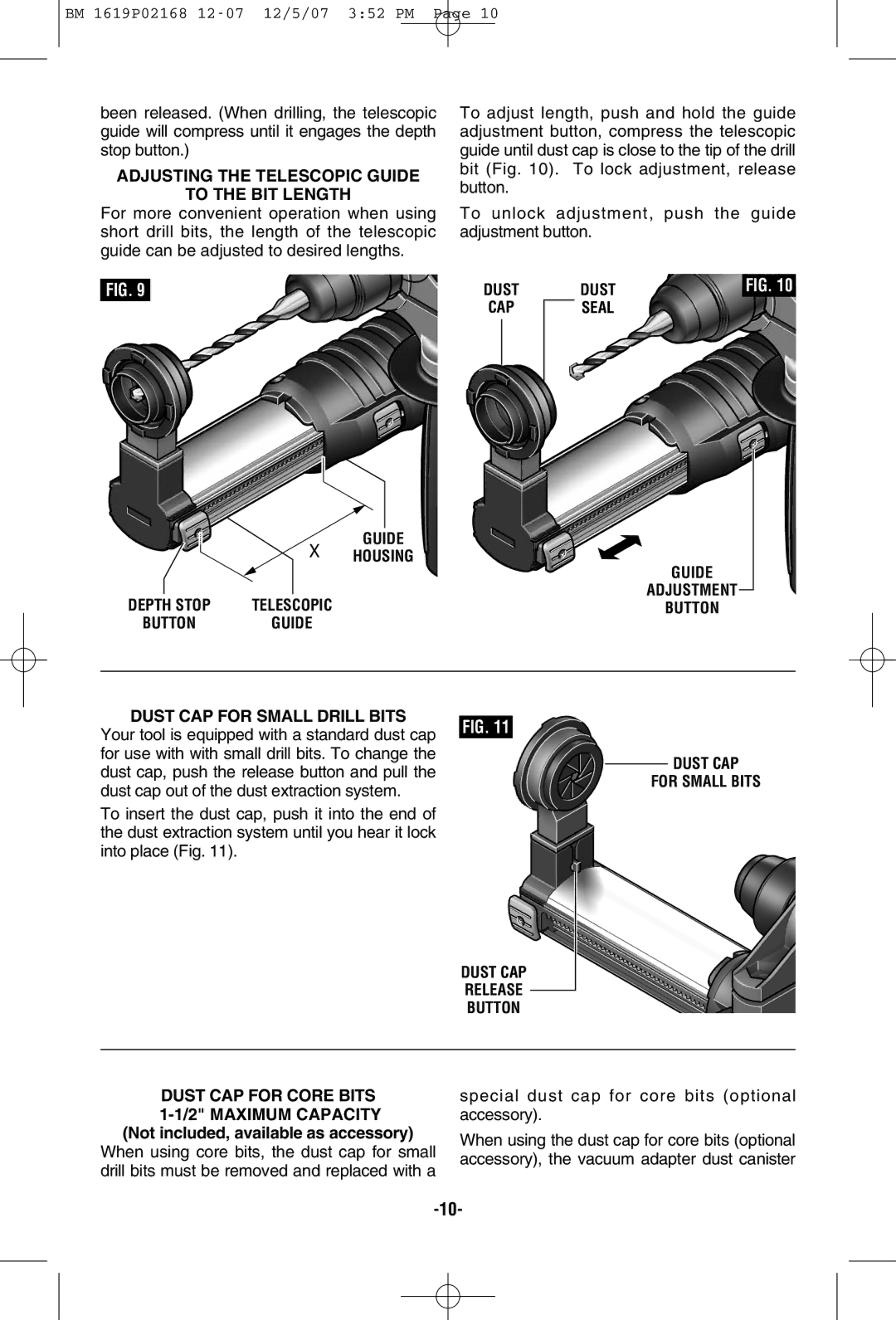 Bosch Power Tools 11250VSRD manual Adjusting the Telescopic Guide To the BIT Length, Guide Housing, Dust CAP For Small Bits 