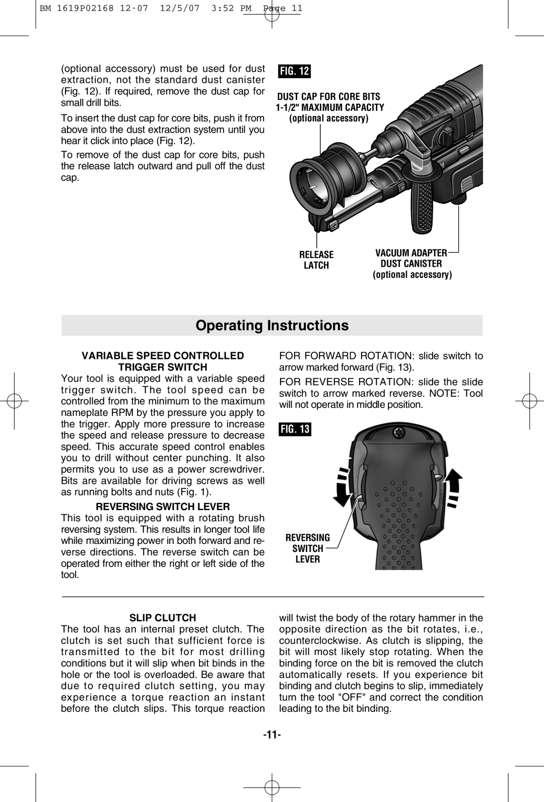 Bosch Power Tools 11250VSRD manual Operating Instructions, Release, Variable Speed Controlled Trigger Switch 