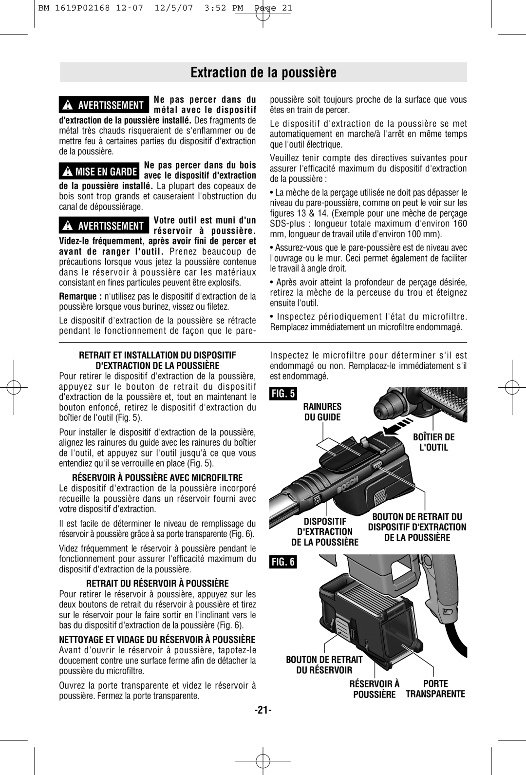 Bosch Power Tools 11250VSRD Extraction de la poussière, Retrait DU Réservoir À Poussière, Bouton DE Retrait DU Réservoir 