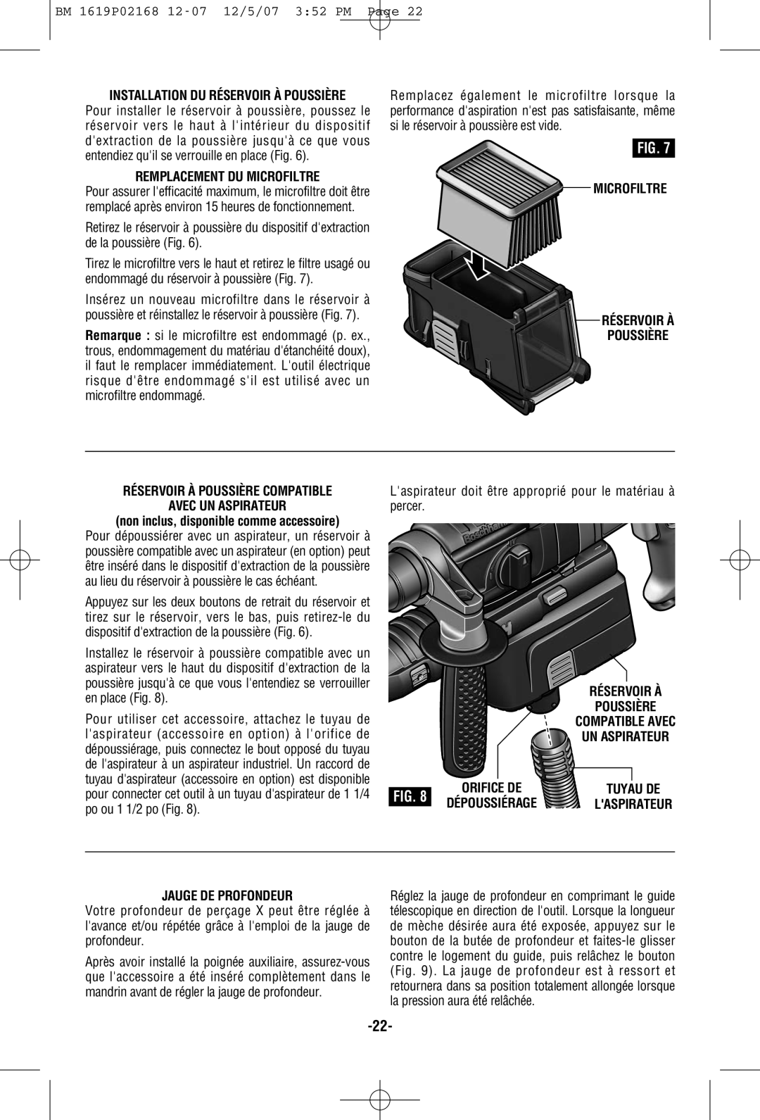 Bosch Power Tools 11250VSRD manual Remplacement DU Microfiltre, Jauge DE Profondeur 