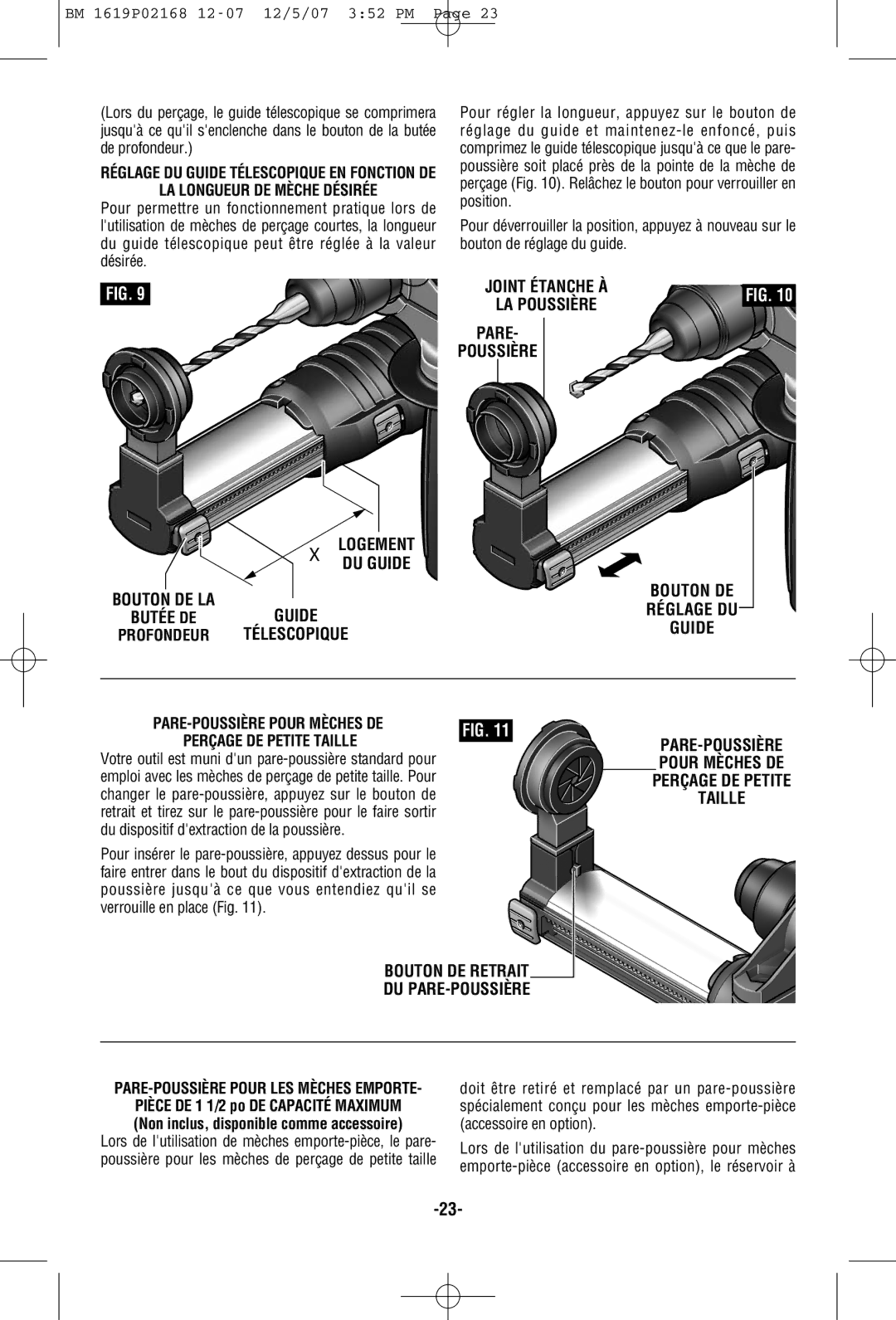 Bosch Power Tools 11250VSRD manual LA Longueur DE Mèche Désirée, PARE-POUSSIÈRE Pour LES Mèches Emporte 