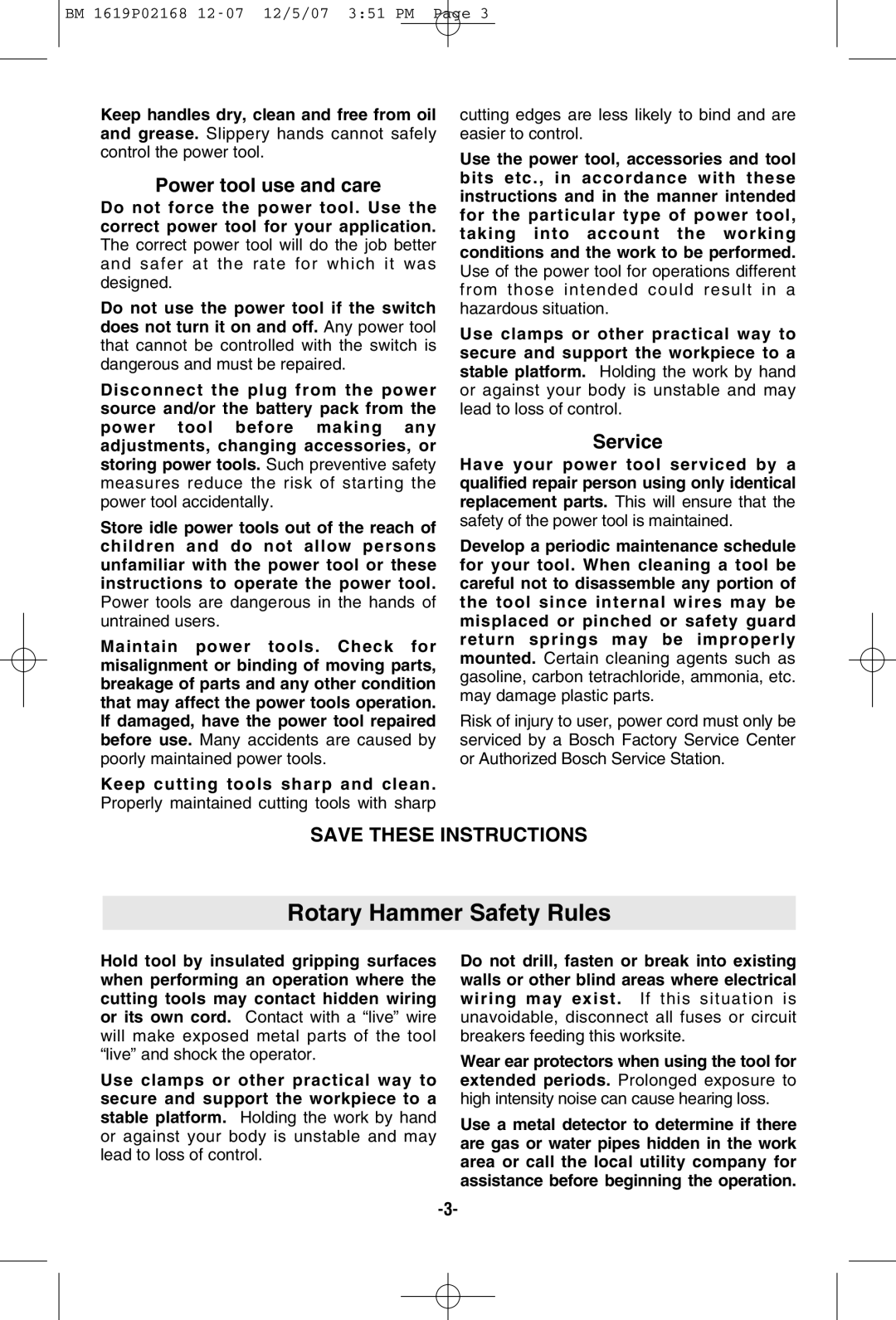 Bosch Power Tools 11250VSRD manual Rotary Hammer Safety Rules, Power tool use and care, Service 