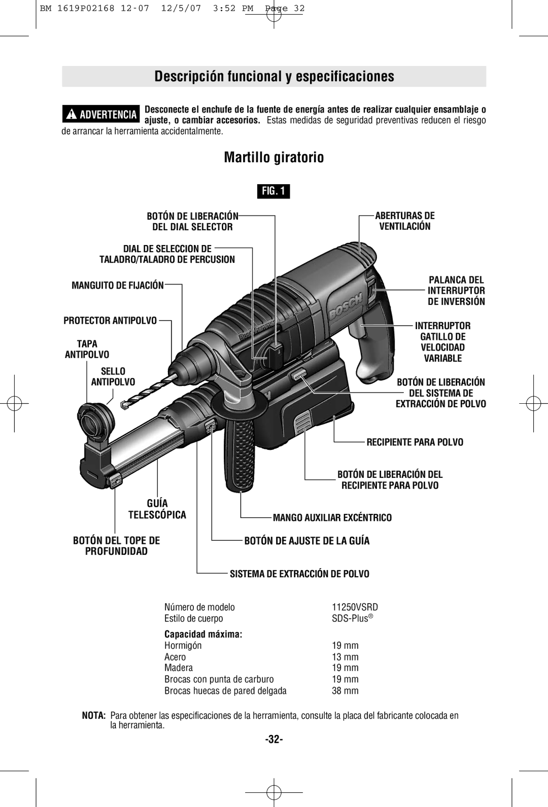 Bosch Power Tools 11250VSRD manual Descripción funcional y especificaciones, Martillo giratorio, Capacidad máxima 