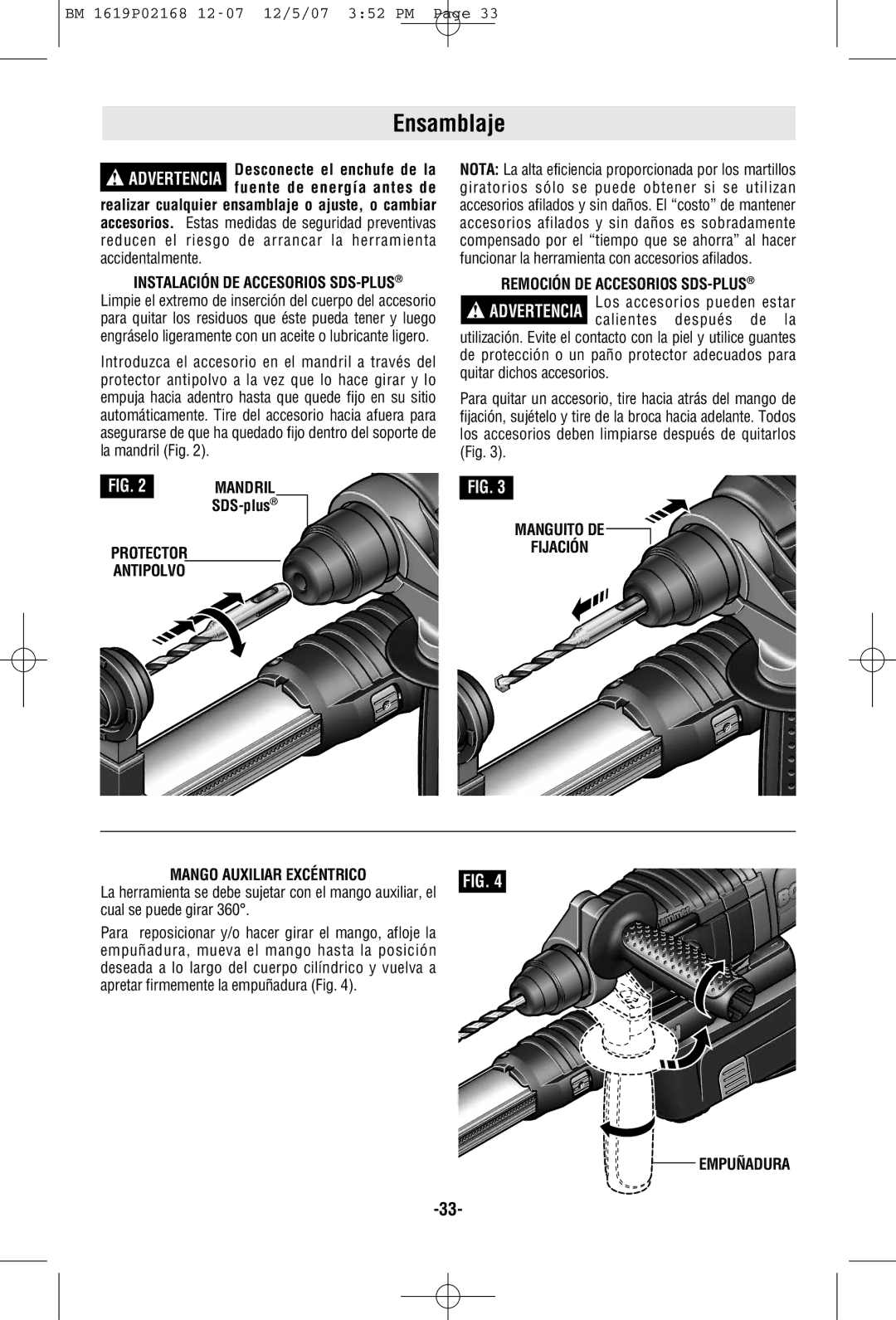 Bosch Power Tools 11250VSRD manual Ensamblaje, Remoción DE Accesorios SDS-PLUS, Manguito DE Fijación, Empuñadura 