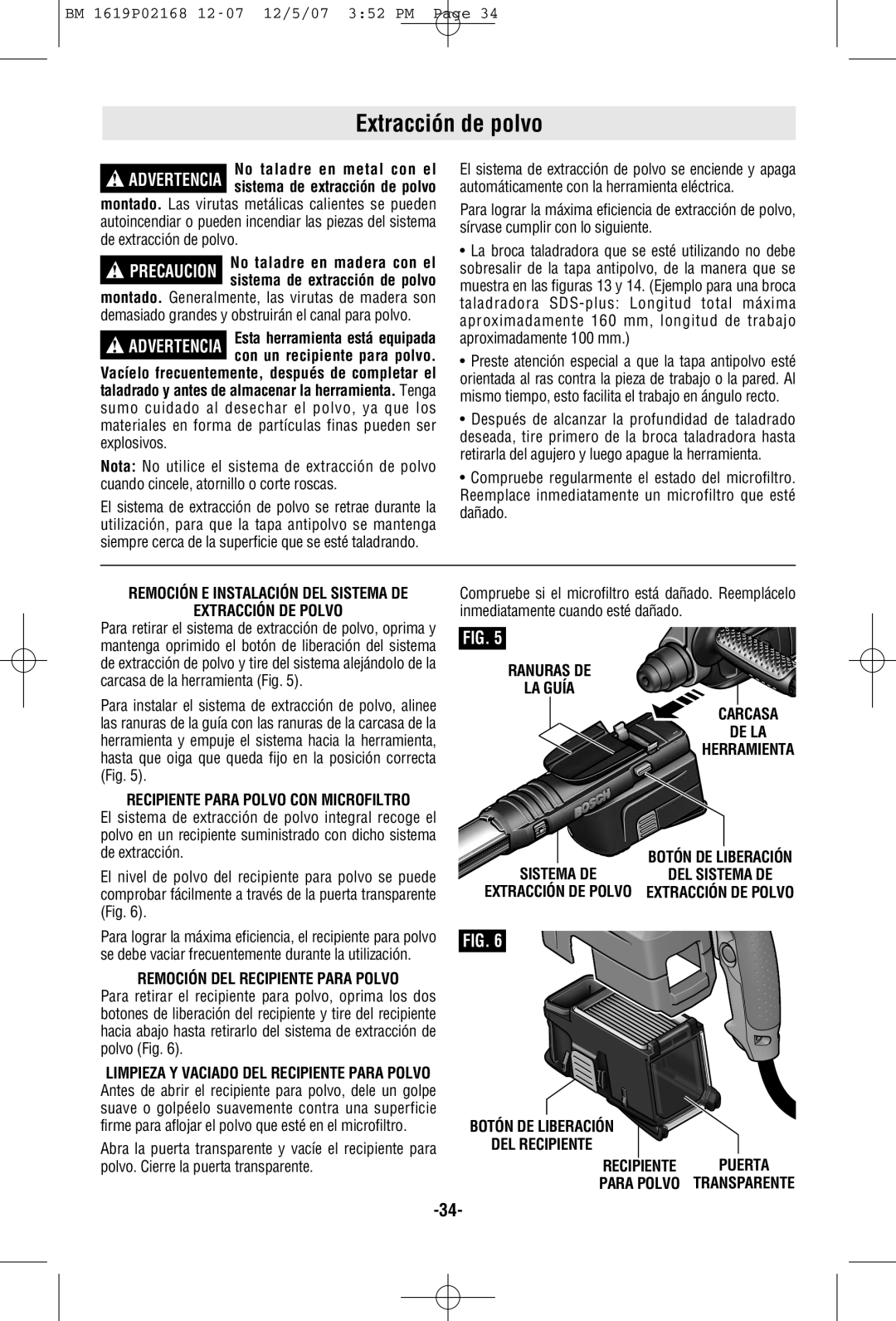 Bosch Power Tools 11250VSRD manual Extracción de polvo, Remoción DEL Recipiente Para Polvo 