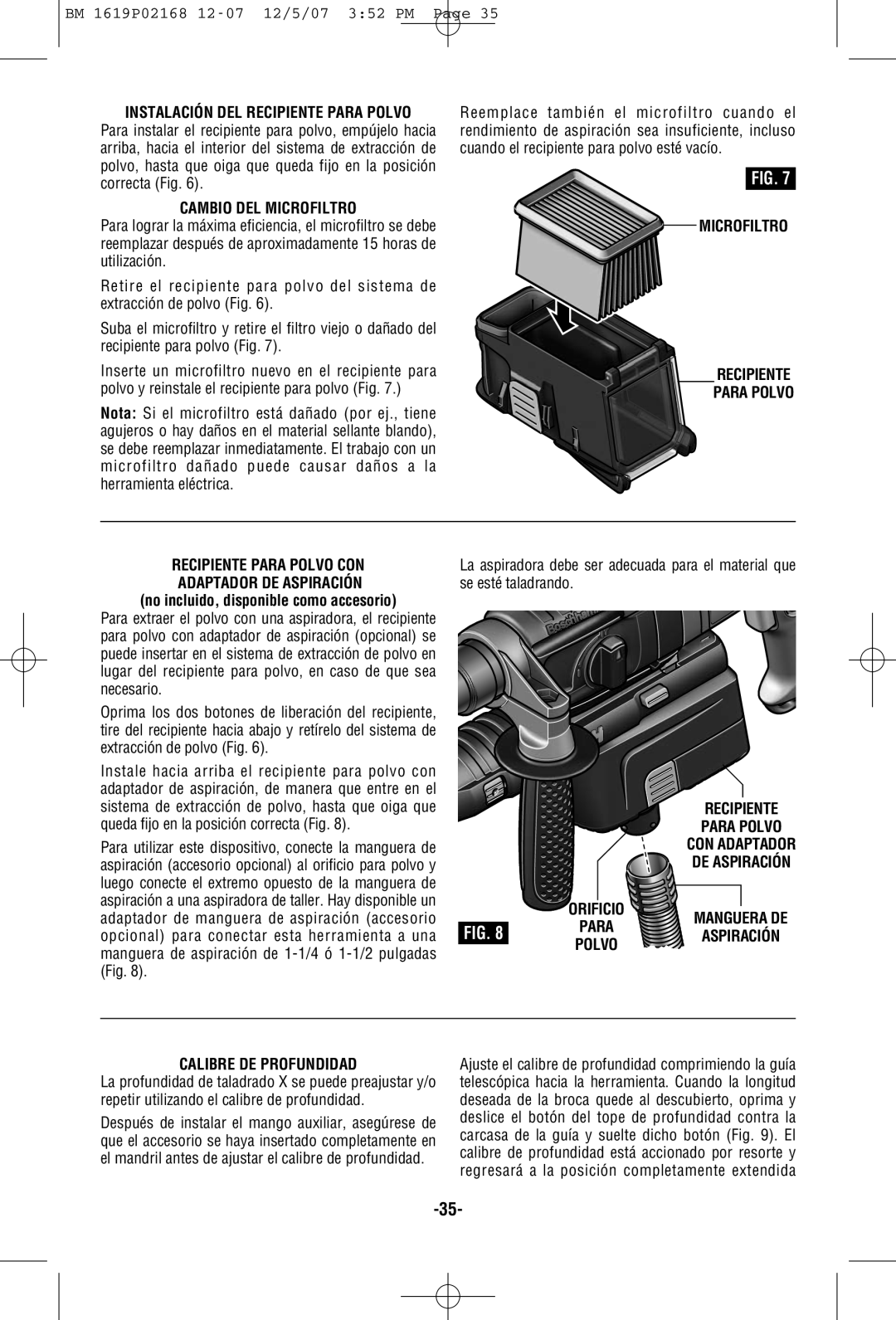 Bosch Power Tools 11250VSRD manual Cambio DEL Microfiltro, Microfiltro Recipiente Para Polvo Recipiente Para Polvo CON 