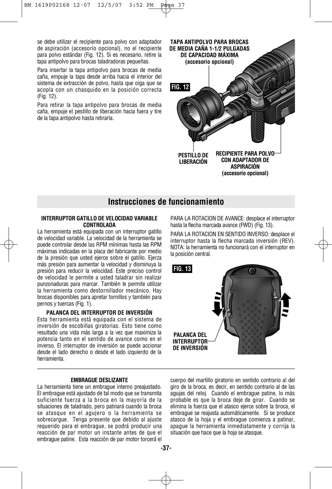 Bosch Power Tools 11250VSRD manual Instrucciones de funcionamiento, Controlada, Palanca DEL Interruptor DE Inversión 