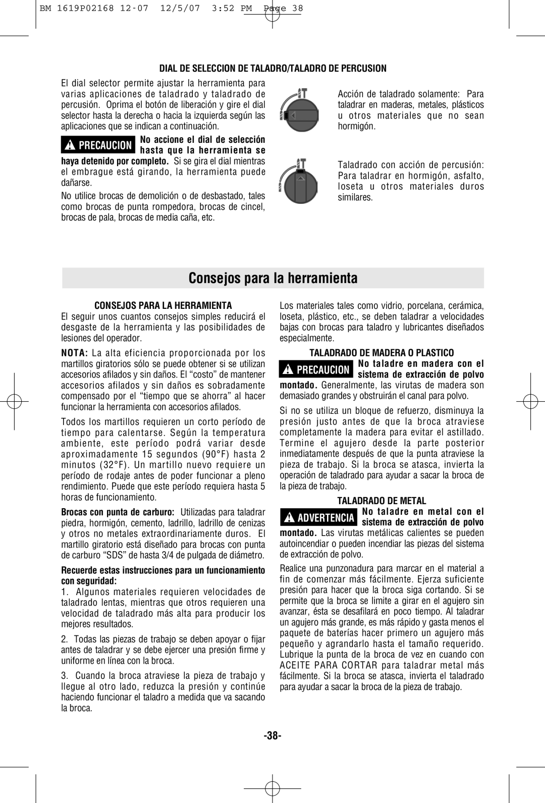 Bosch Power Tools 11250VSRD manual Consejos para la herramienta, Dial DE Seleccion DE TALADRO/TALADRO DE Percusion 