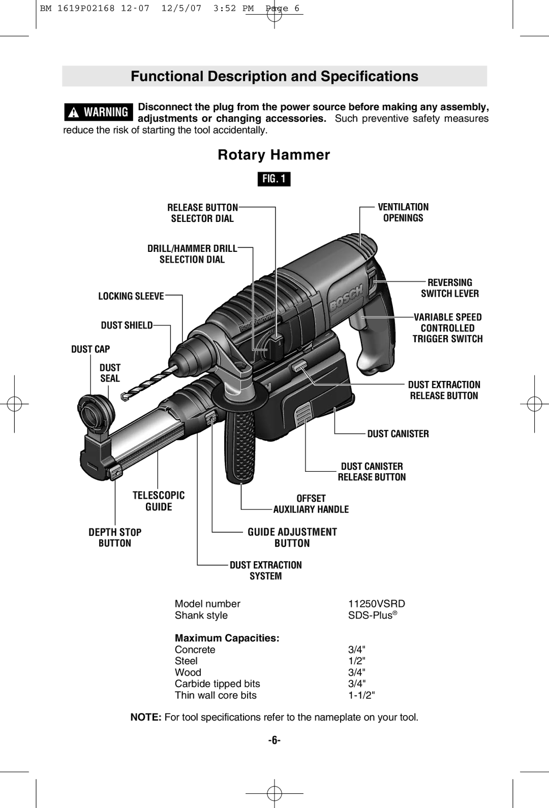 Bosch Power Tools 11250VSRD manual Functional Description and Specifications, Rotary Hammer, Selection Dial Locking Sleeve 