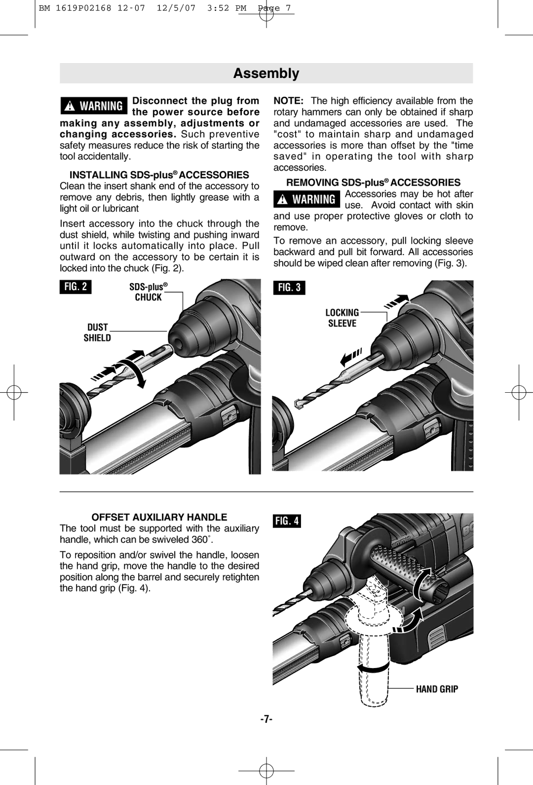 Bosch Power Tools 11250VSRD Assembly, Removing SDS-plusACCESSORIES, Locking Sleeve Offset Auxiliary Handle, Hand Grip 