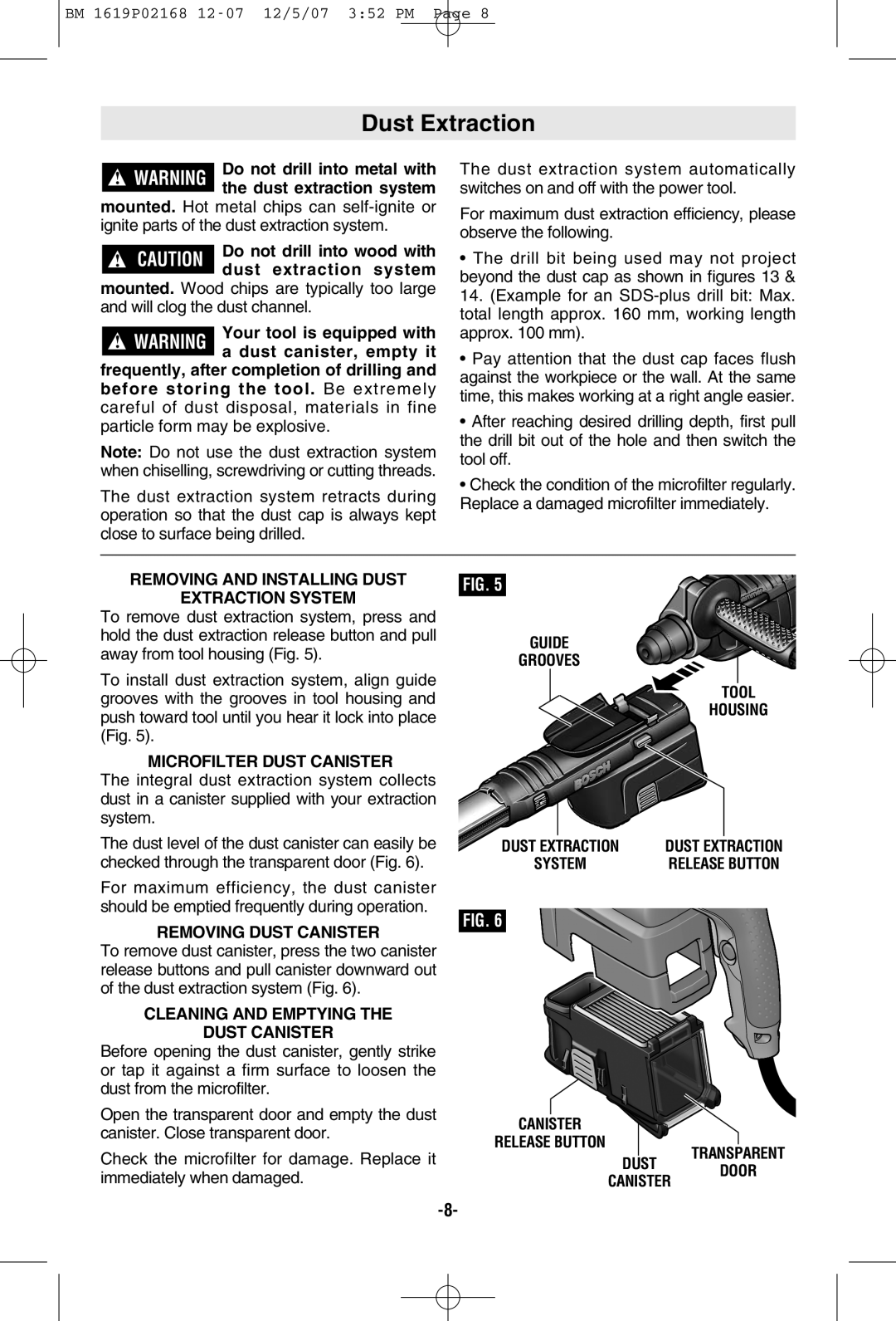 Bosch Power Tools 11250VSRD manual Dust Extraction 