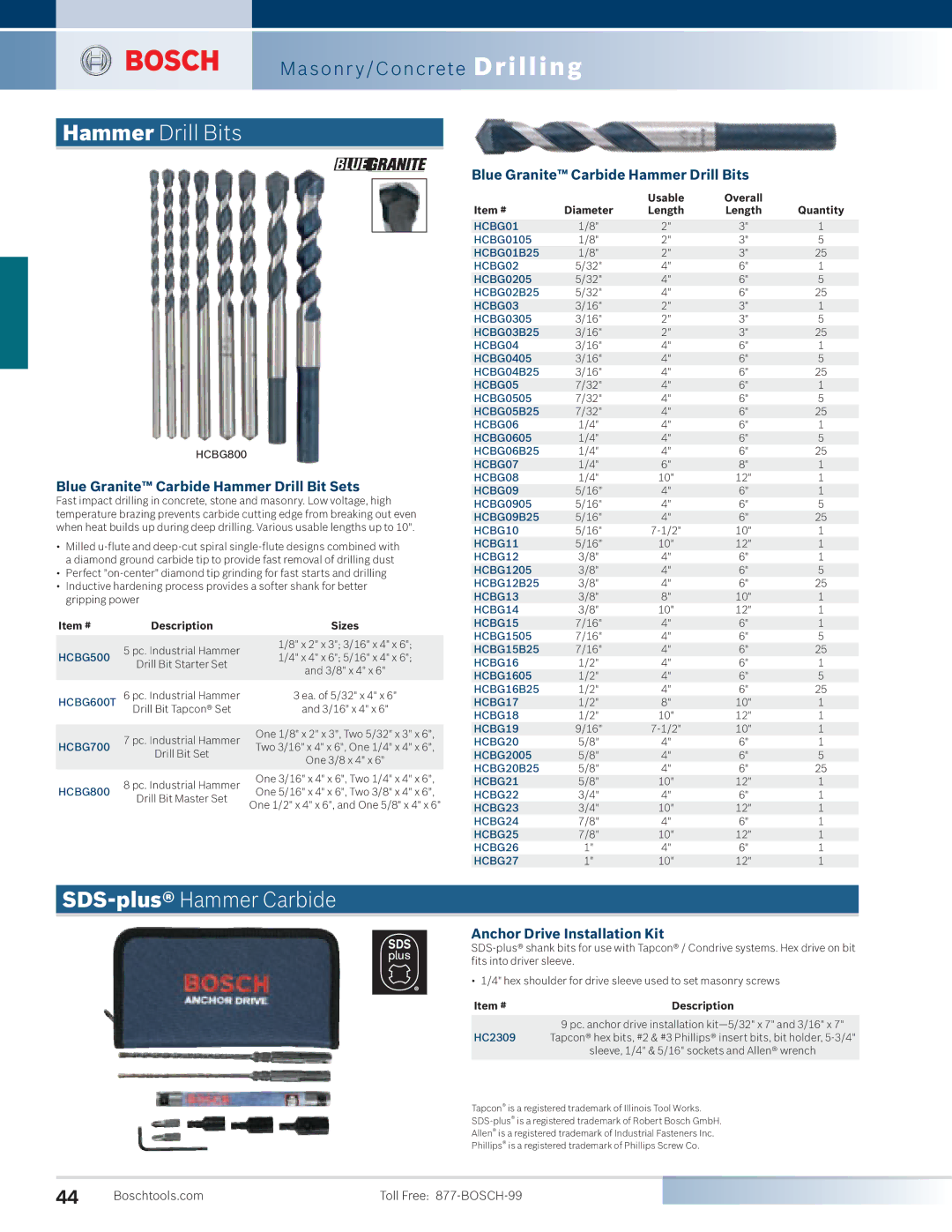 Bosch Power Tools 11221DVS, 11253VSR Hammer Drill Bits, SDS-plusHammer Carbide, Blue Granite Carbide Hammer Drill Bit Sets 